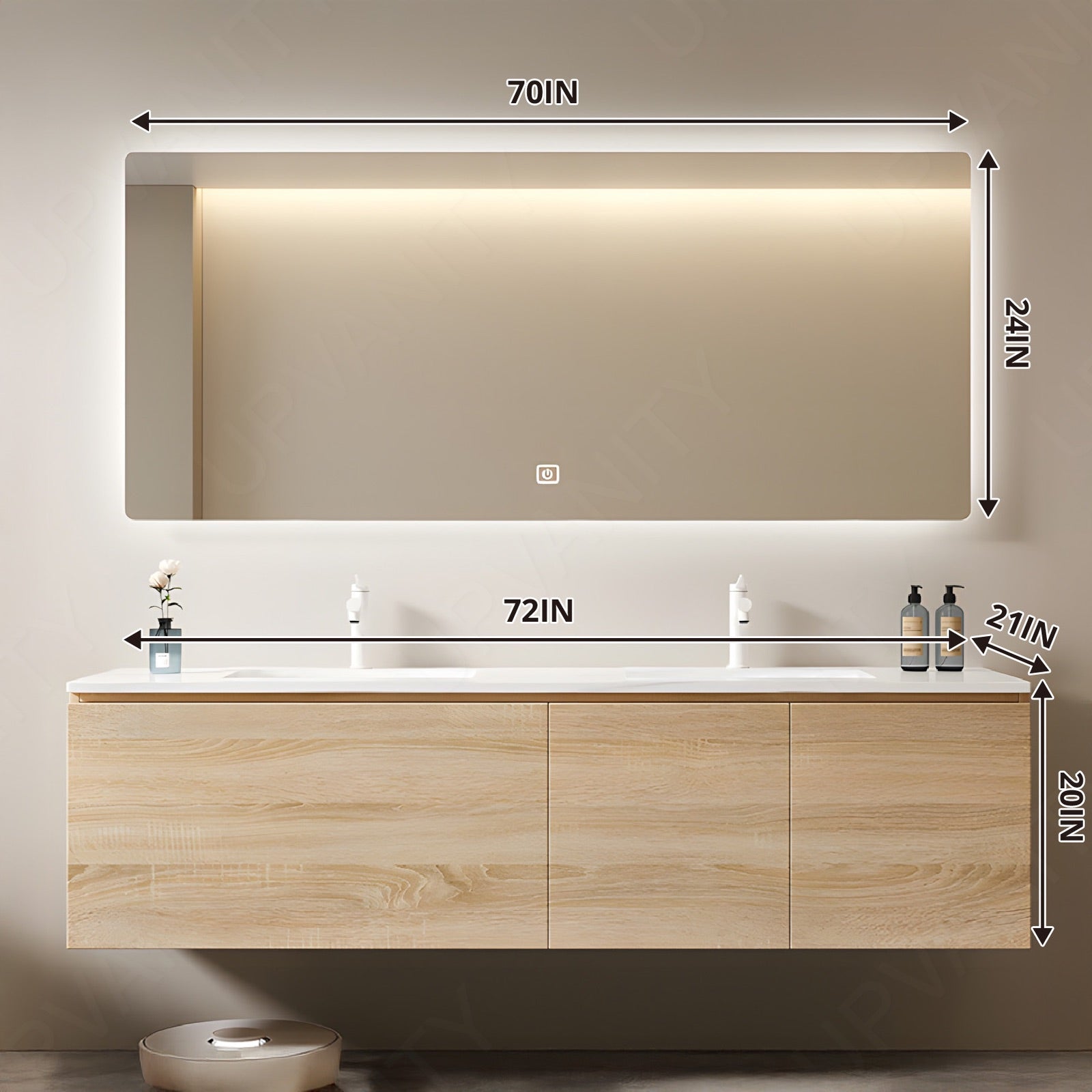 Modern Bath Vanity Set, Natural, White Slate Top, 56"-78", Double, Floating, Spacious Storage, Smart LED Mirror
