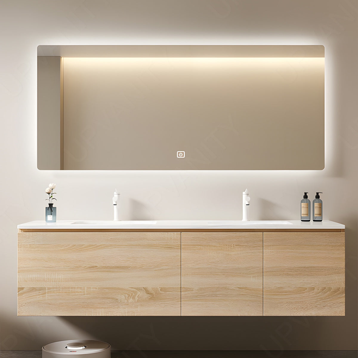 Modern Bath Vanity Set, Natural, White Slate Top, 56"-78", Double, Floating, Spacious Storage, Smart LED Mirror