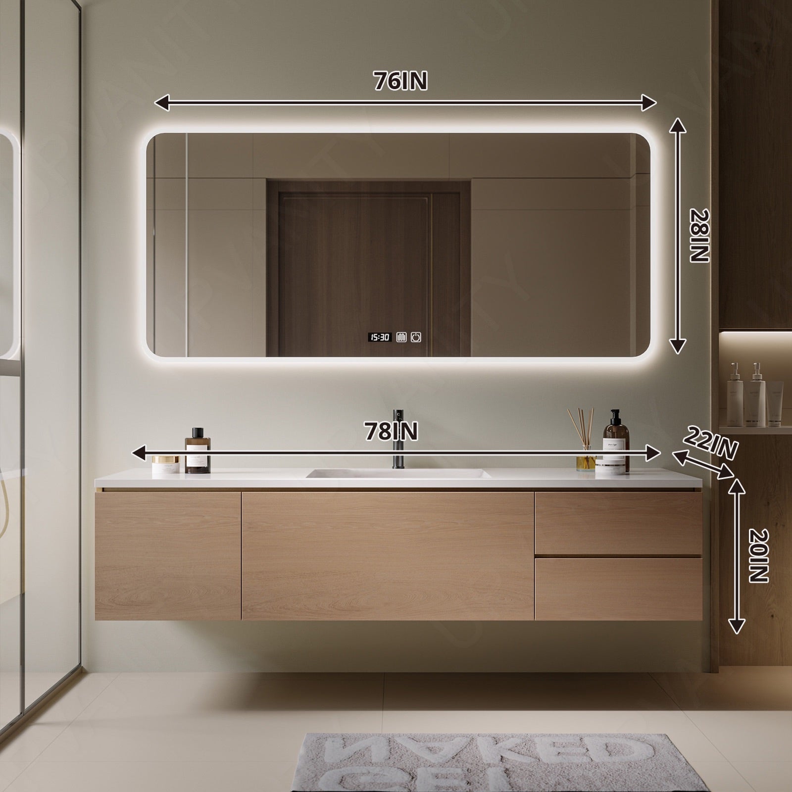 Modern Bath Vanity Set, Natural, White Slate Top, 56"-78", Single, Floating, Hidden Storage, Smart LED Mirror