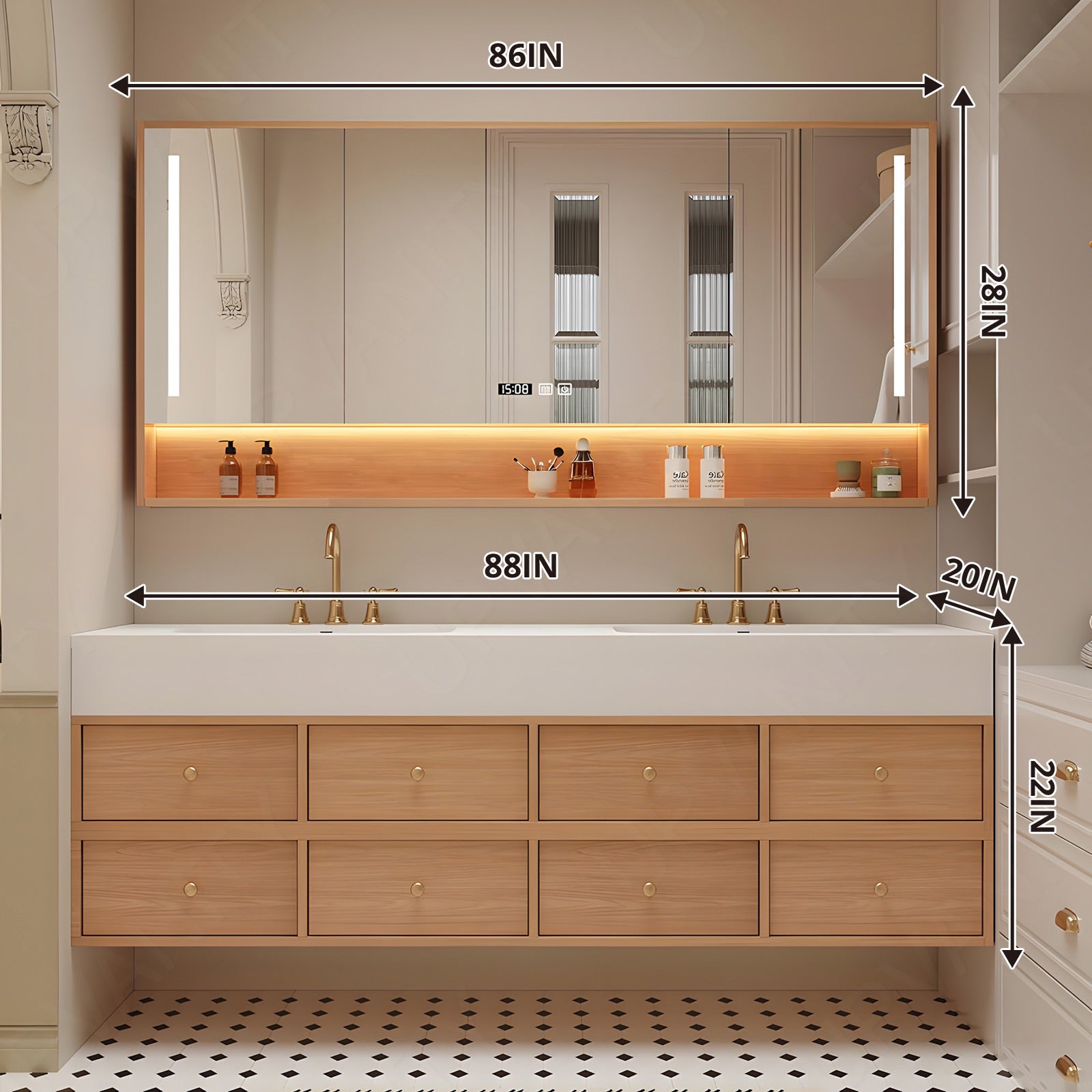 Modern Bath Vanity Set, Natural, White Slate Top, 80"-104", Double, Floating, Gold Accents, Smart LED Mirror, Rear Cabinet