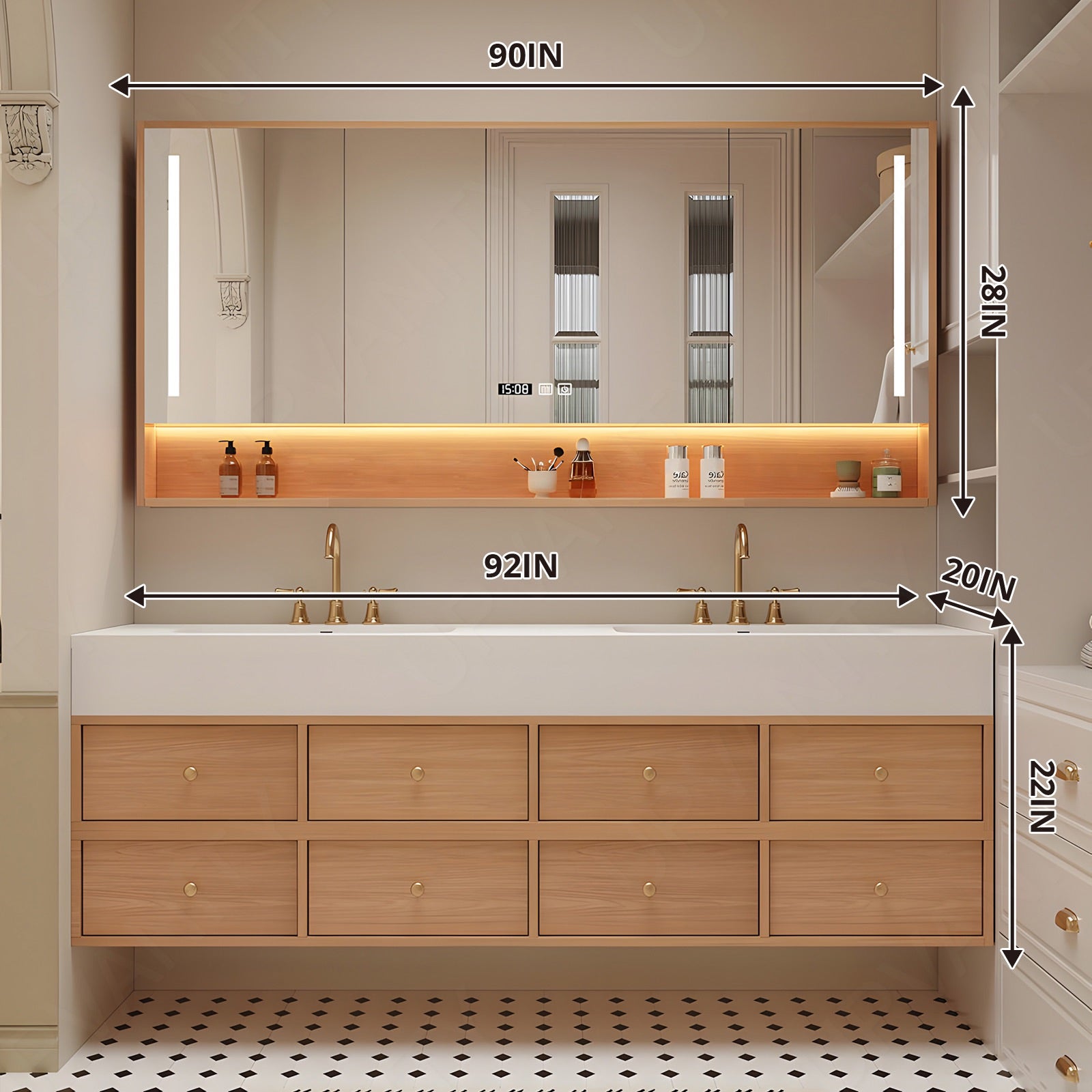 Modern Bath Vanity Set, Natural, White Slate Top, 80"-104", Double, Floating, Gold Accents, Smart LED Mirror, Rear Cabinet