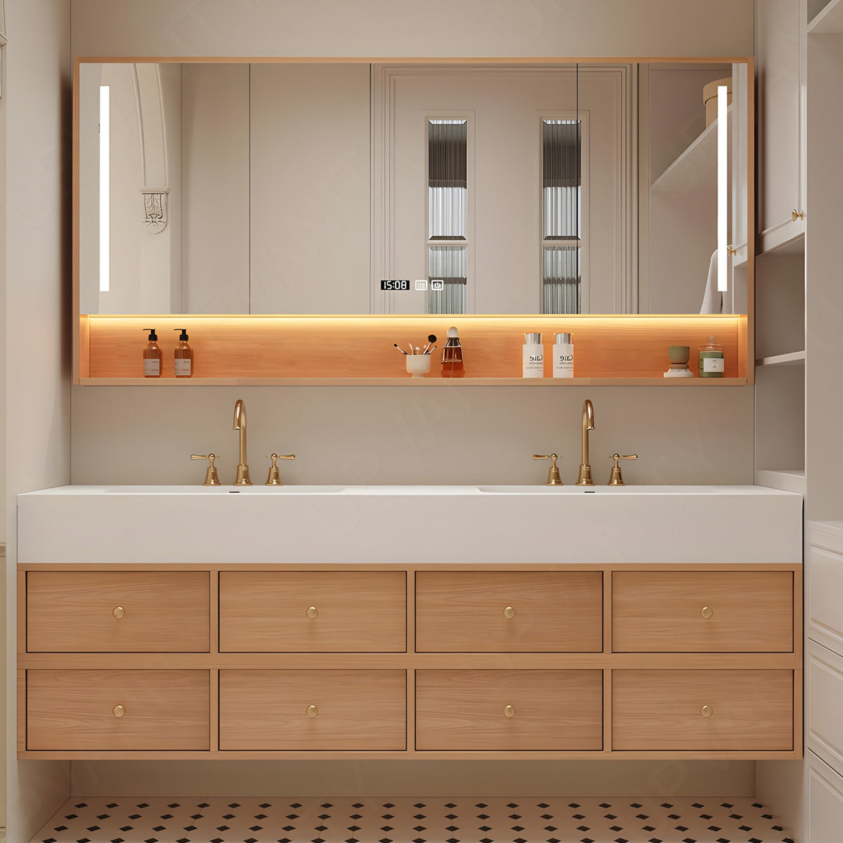Modern Bath Vanity Set, Natural, White Slate Top, 80"-104", Double, Floating, Gold Accents, Smart LED Mirror, Rear Cabinet