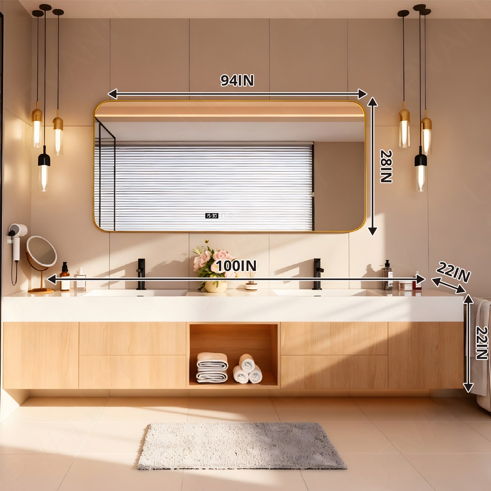 Modern Bath Vanity Set, Natural, White Slate Top, 80"-104", Double, Floating, Open Storage, Smart LED Mirror