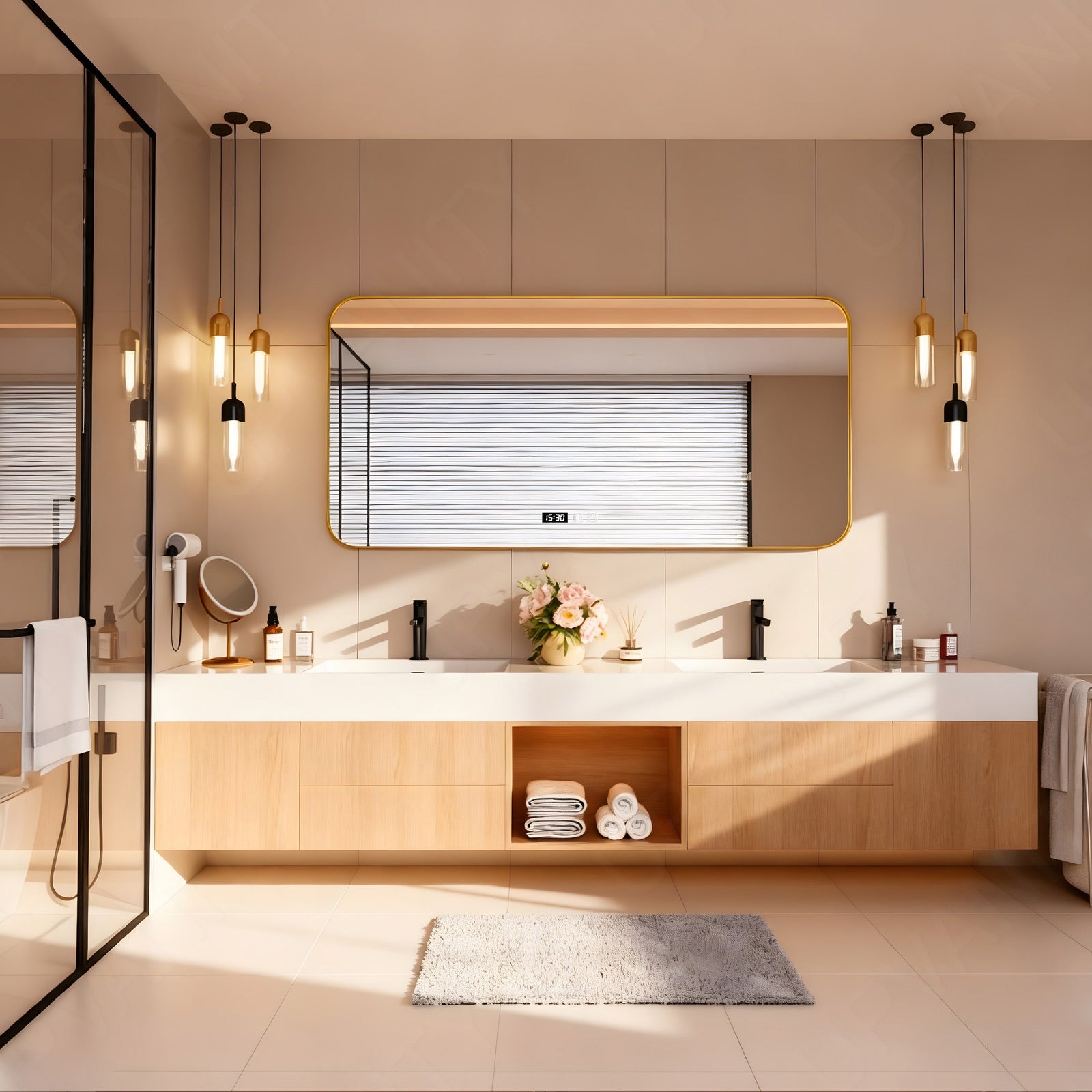 Modern Bath Vanity Set, Natural, White Slate Top, 80"-104", Double, Floating, Open Storage, Smart LED Mirror