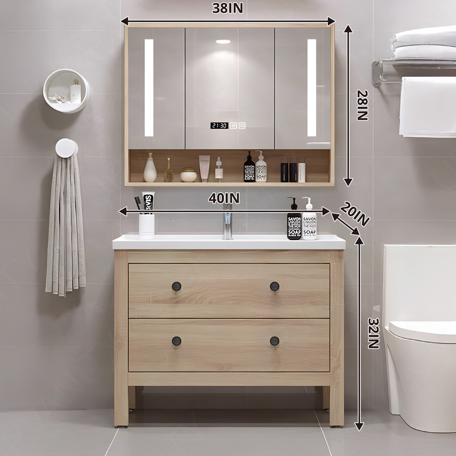 Modern Bath Vanity Set, Natural, White Slate Top, Black Accents, 24"-48", Single, Freestanding, Smart LED Mirror, Rear Cabinet