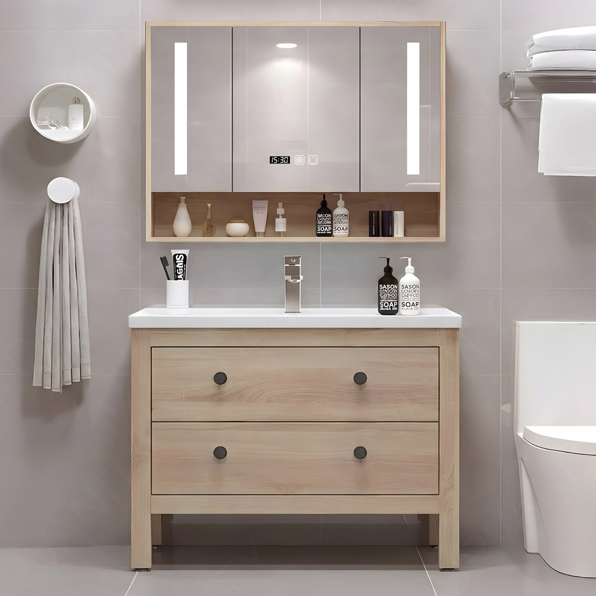 Modern Bath Vanity Set, Natural, White Slate Top, Black Accents, 24"-48", Single, Freestanding, Smart LED Mirror, Rear Cabinet