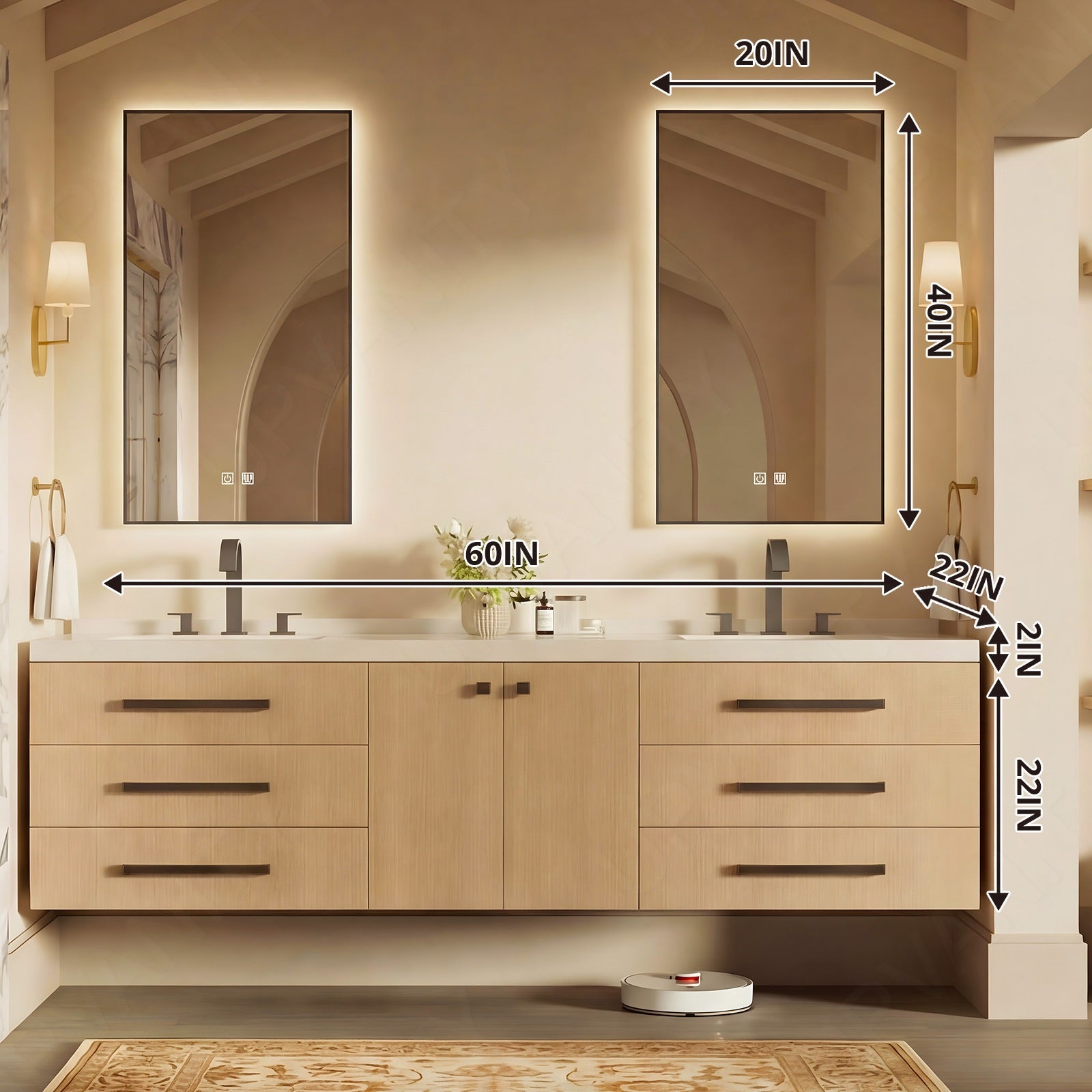 Modern Bath Vanity Set, Natural, White Slate Top, Black Accents, 40"-78", Single/Double, Floating, Dual Smart LED Mirror