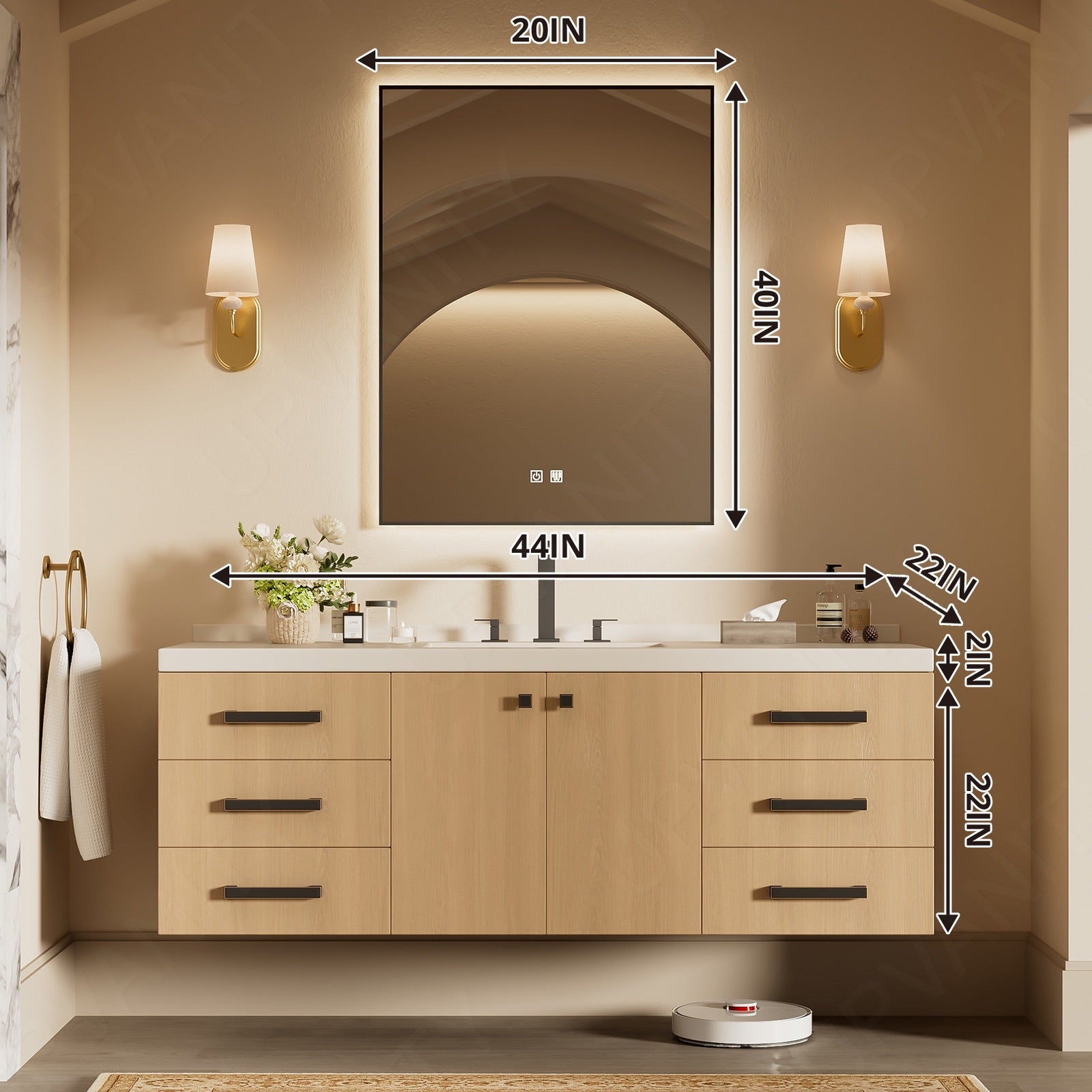 Modern Bath Vanity Set, Natural, White Slate Top, Black Accents, 40"-78", Single/Double, Floating, Dual Smart LED Mirror