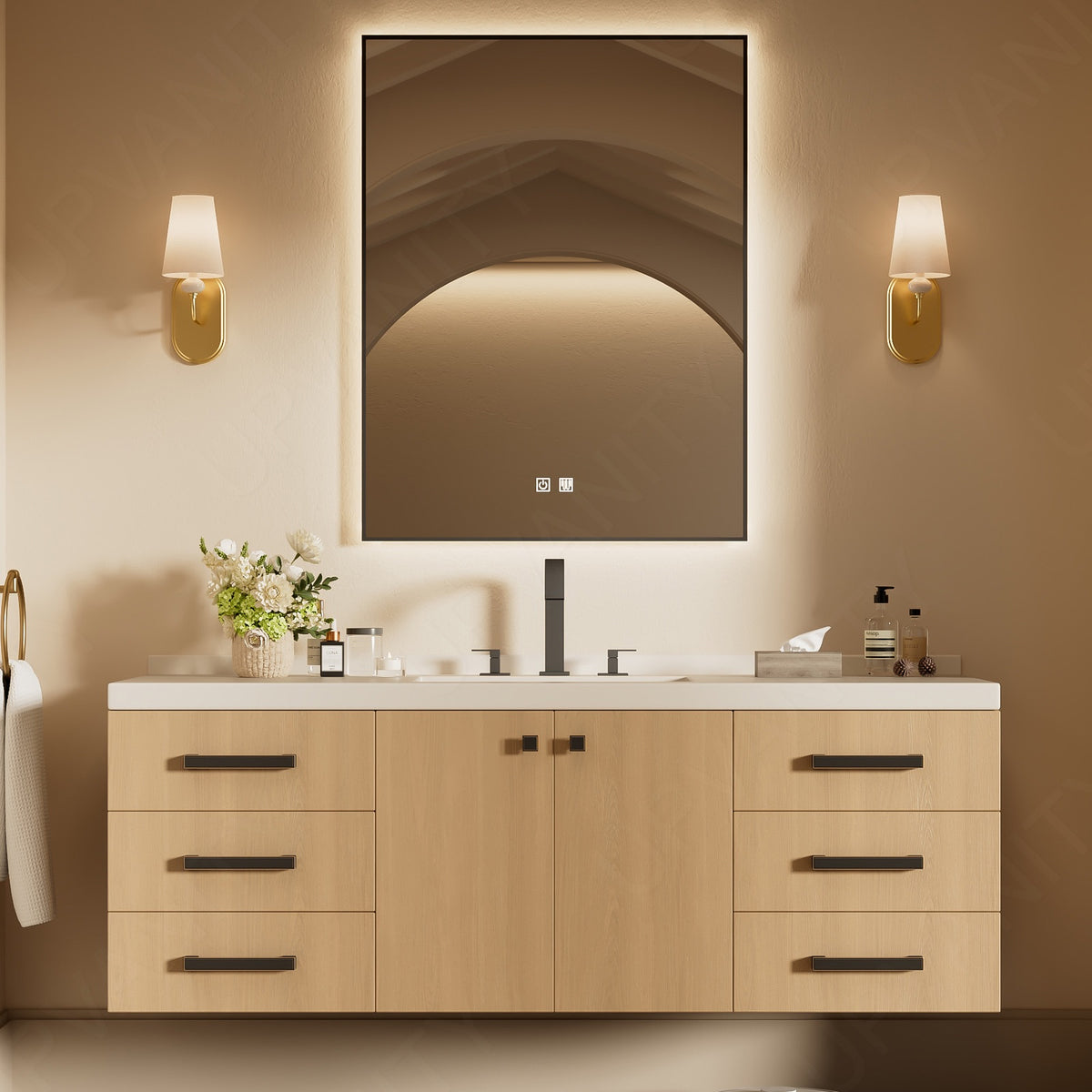 Modern Bath Vanity Set, Natural, White Slate Top, Black Accents, 40"-78", Single/Double, Floating, Dual Smart LED Mirror