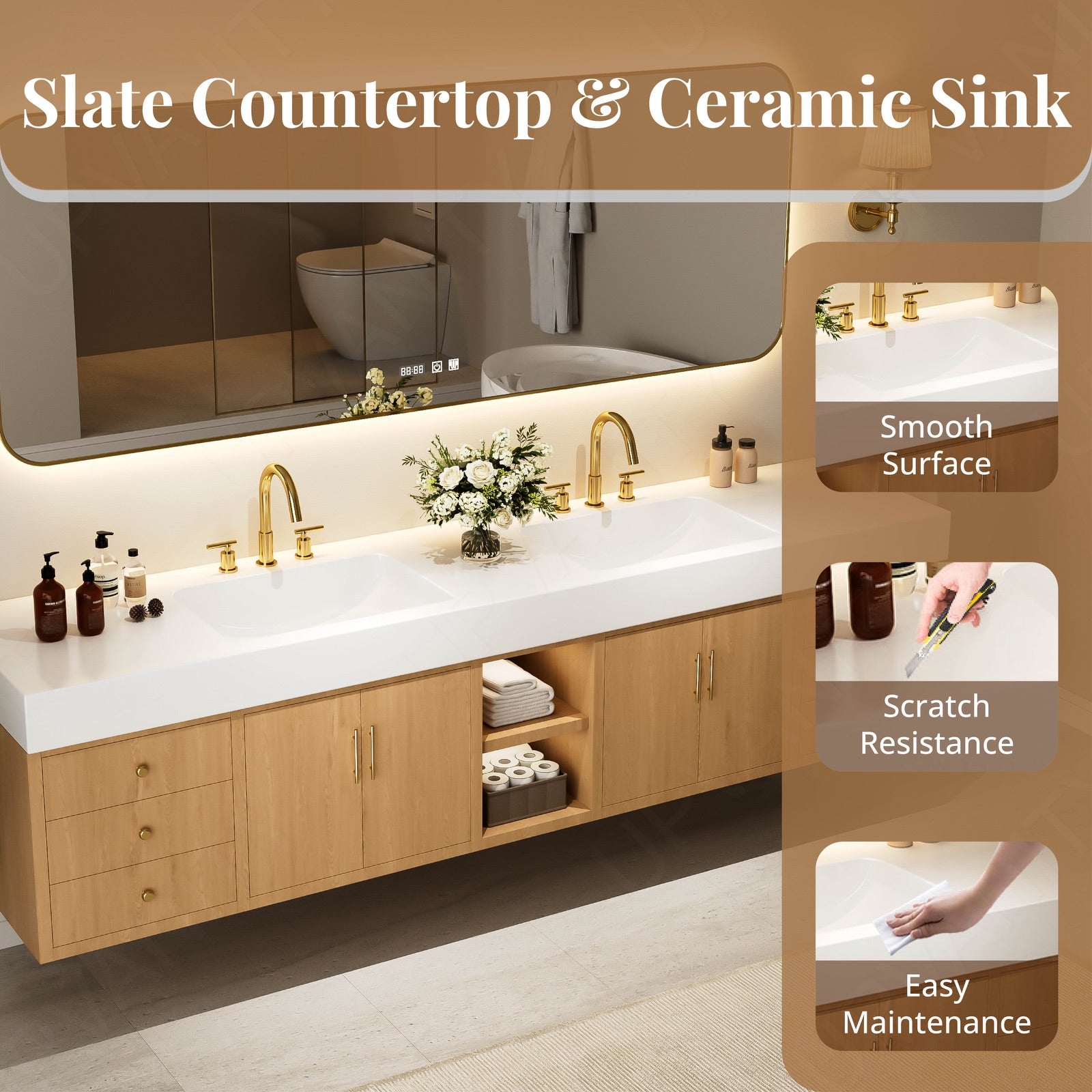 Modern Bath Vanity Set, Natural, White Slate Top, Gold Accents, 72"-104", Double, Floating, Open Storage, Smart LED Mirror