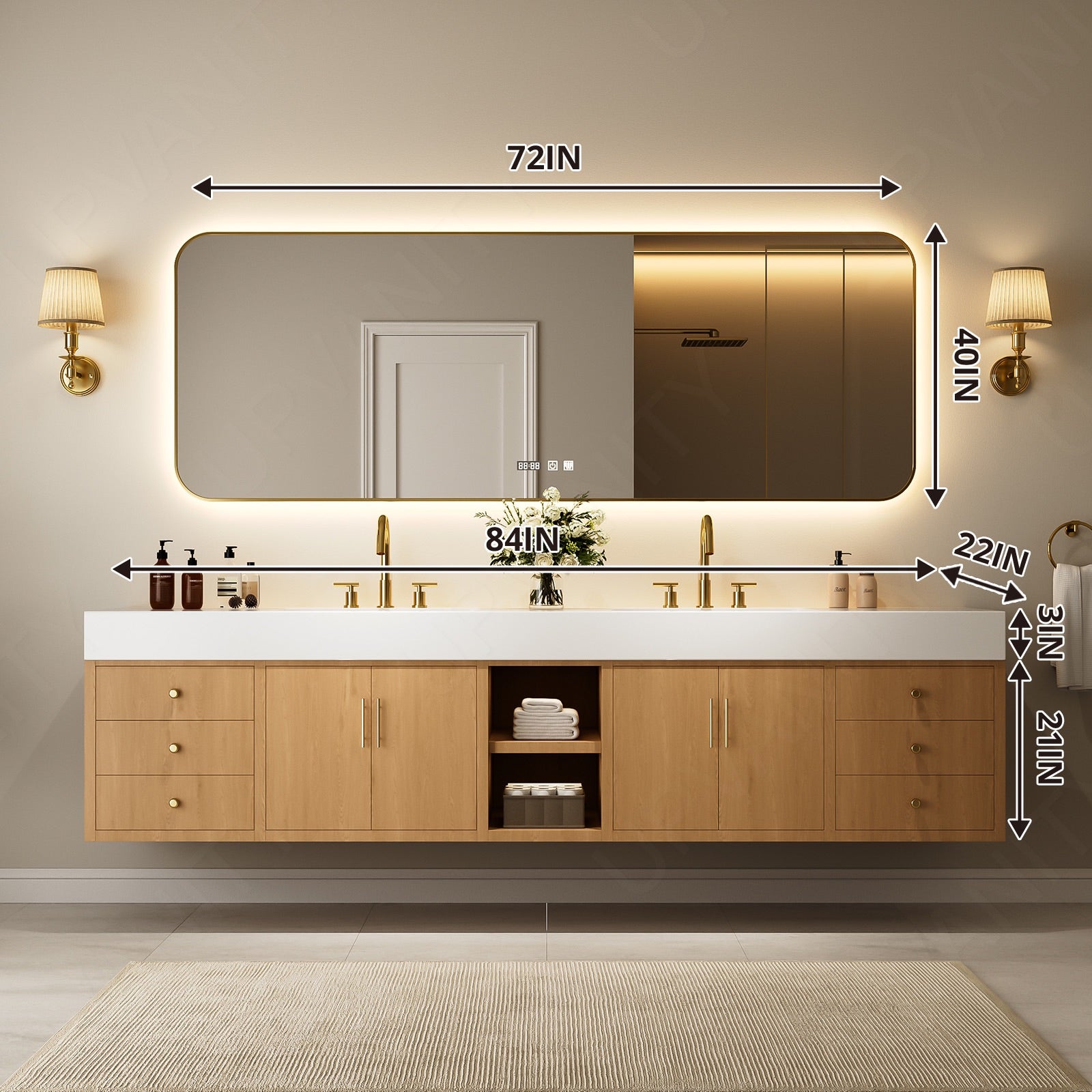 Modern Bath Vanity Set, Natural, White Slate Top, Gold Accents, 72"-104", Double, Floating, Open Storage, Smart LED Mirror