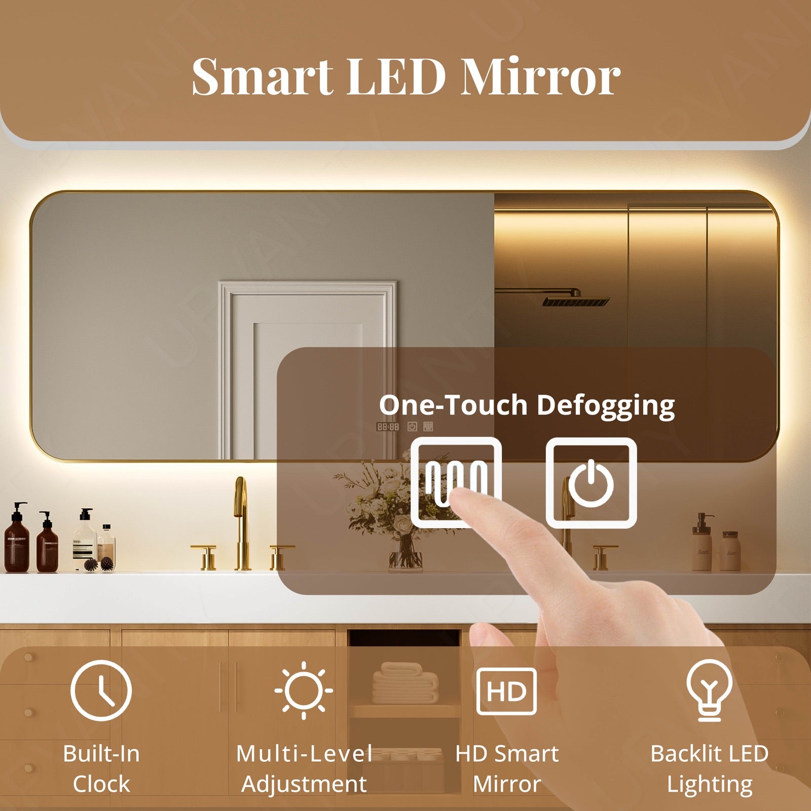 Modern Bath Vanity Set, Natural, White Slate Top, Gold Accents, 72"-104", Double, Floating, Open Storage, Smart LED Mirror