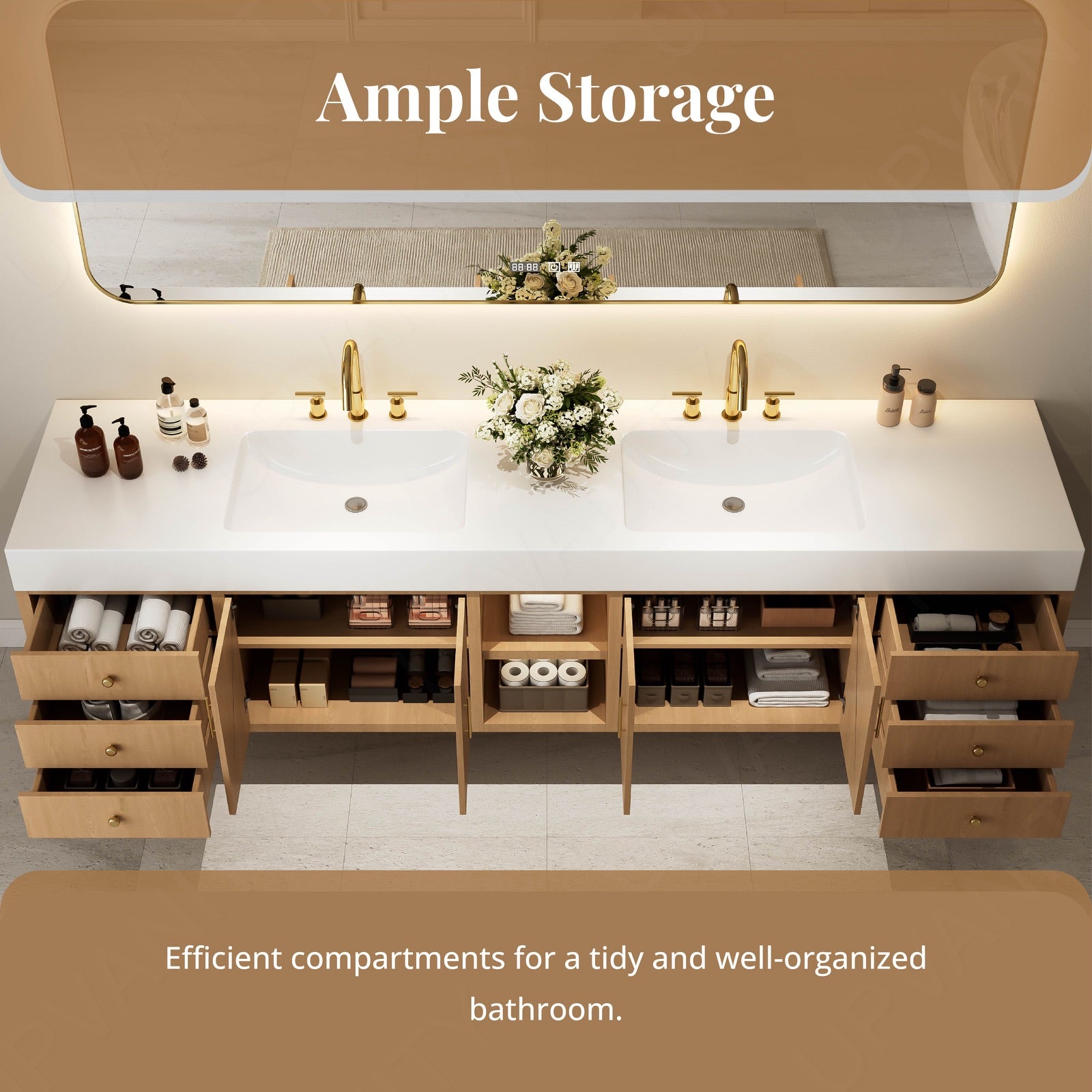 Modern Bath Vanity Set, Natural, White Slate Top, Gold Accents, 72"-104", Double, Floating, Open Storage, Smart LED Mirror