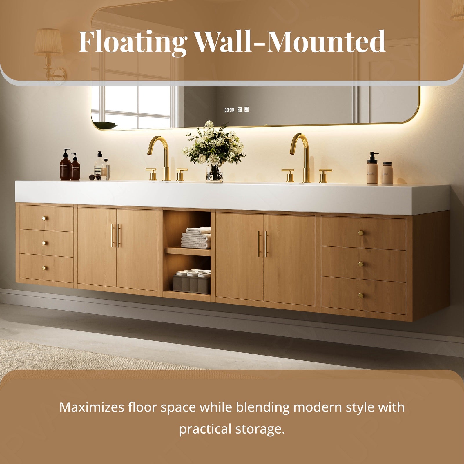 Modern Bath Vanity Set, Natural, White Slate Top, Gold Accents, 72"-104", Double, Floating, Open Storage, Smart LED Mirror