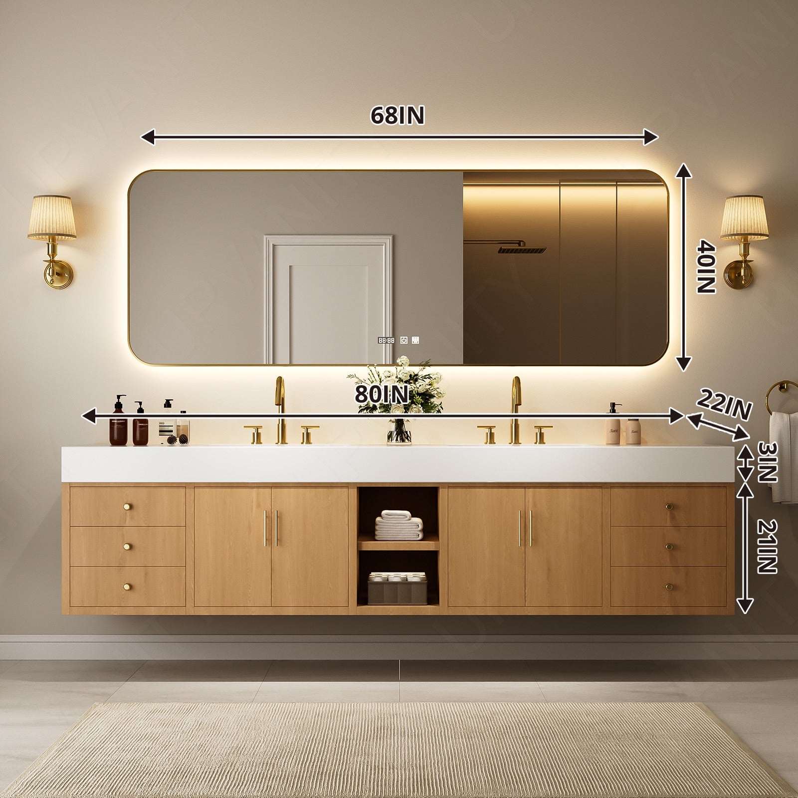 Modern Bath Vanity Set, Natural, White Slate Top, Gold Accents, 72"-104", Double, Floating, Open Storage, Smart LED Mirror