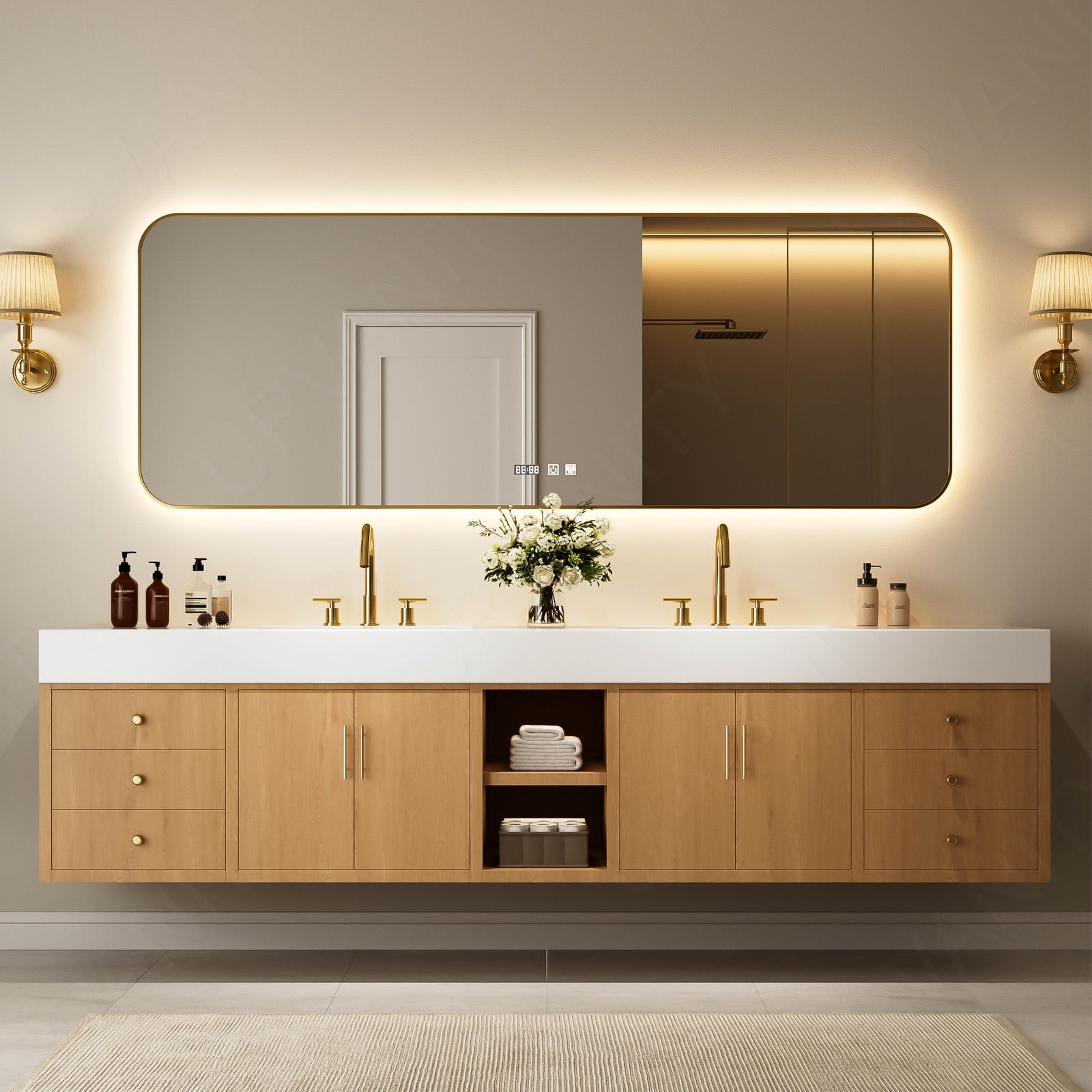 Modern Bath Vanity Set, Natural, White Slate Top, Gold Accents, 72"-104", Double, Floating, Open Storage, Smart LED Mirror