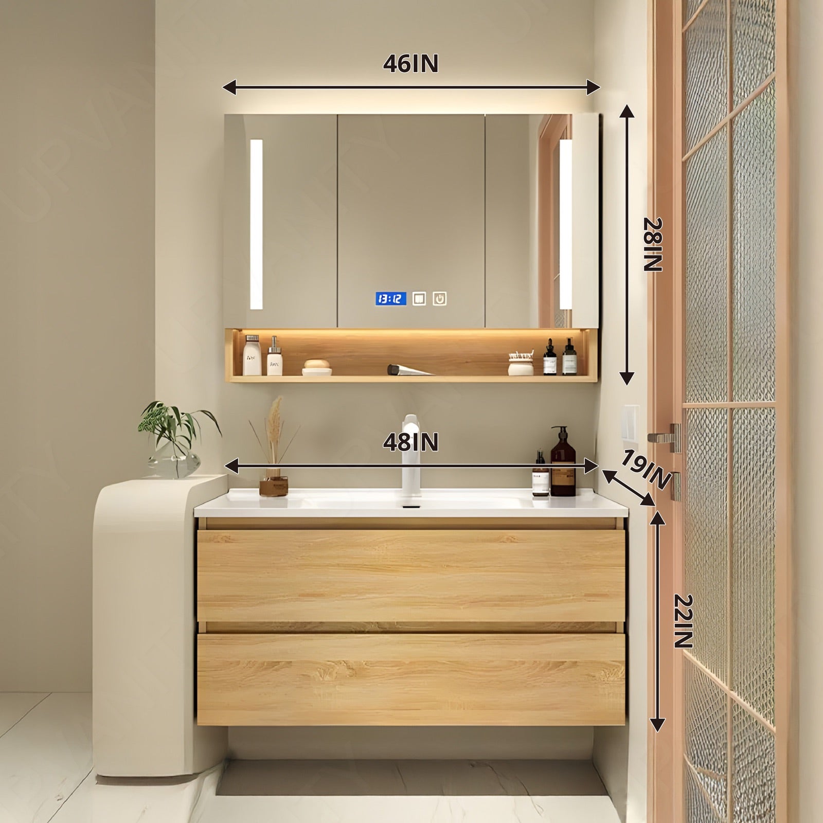 Modern Bath Vanity Set, Natural, White Slate Top, Sectional Storage, 32"-48", Single, Floating, Smart LED Mirror, Rear Cabinet