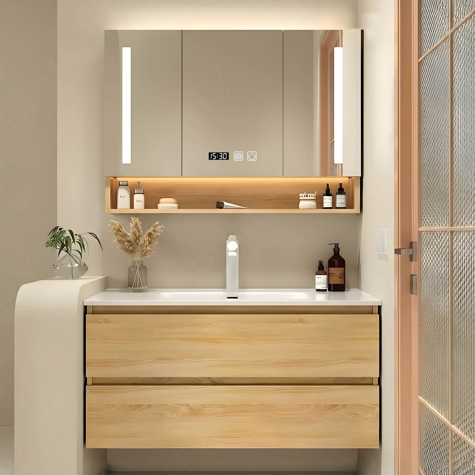 Modern Bath Vanity Set, Natural, White Slate Top, Sectional Storage, 32"-48", Single, Floating, Smart LED Mirror, Rear Cabinet
