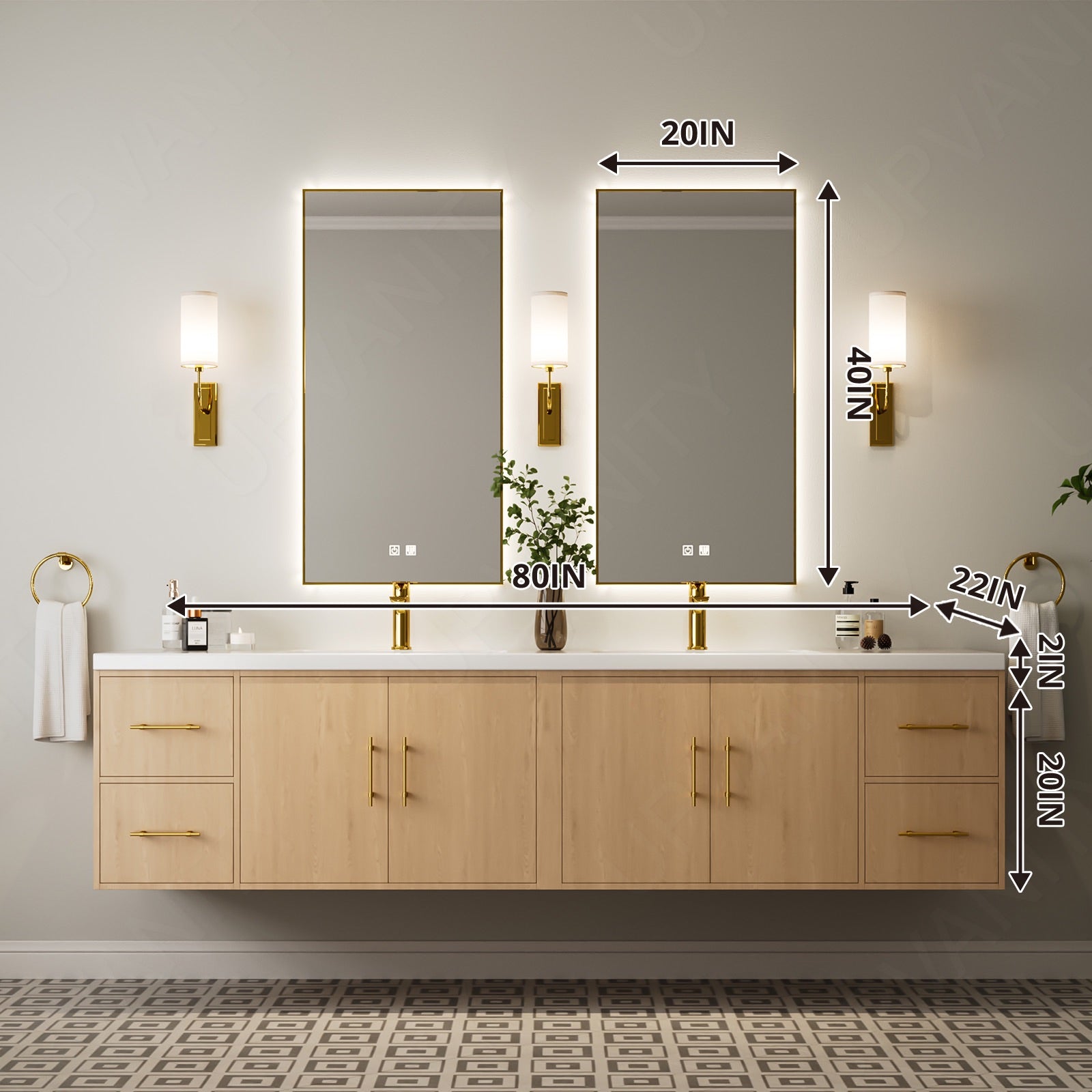 Modern Bath Vanity Set, Natural, White Slate Top, Spacious Storage, 72"-104", Double, Floating, Gold Accents, Dual Smart LED Mirror