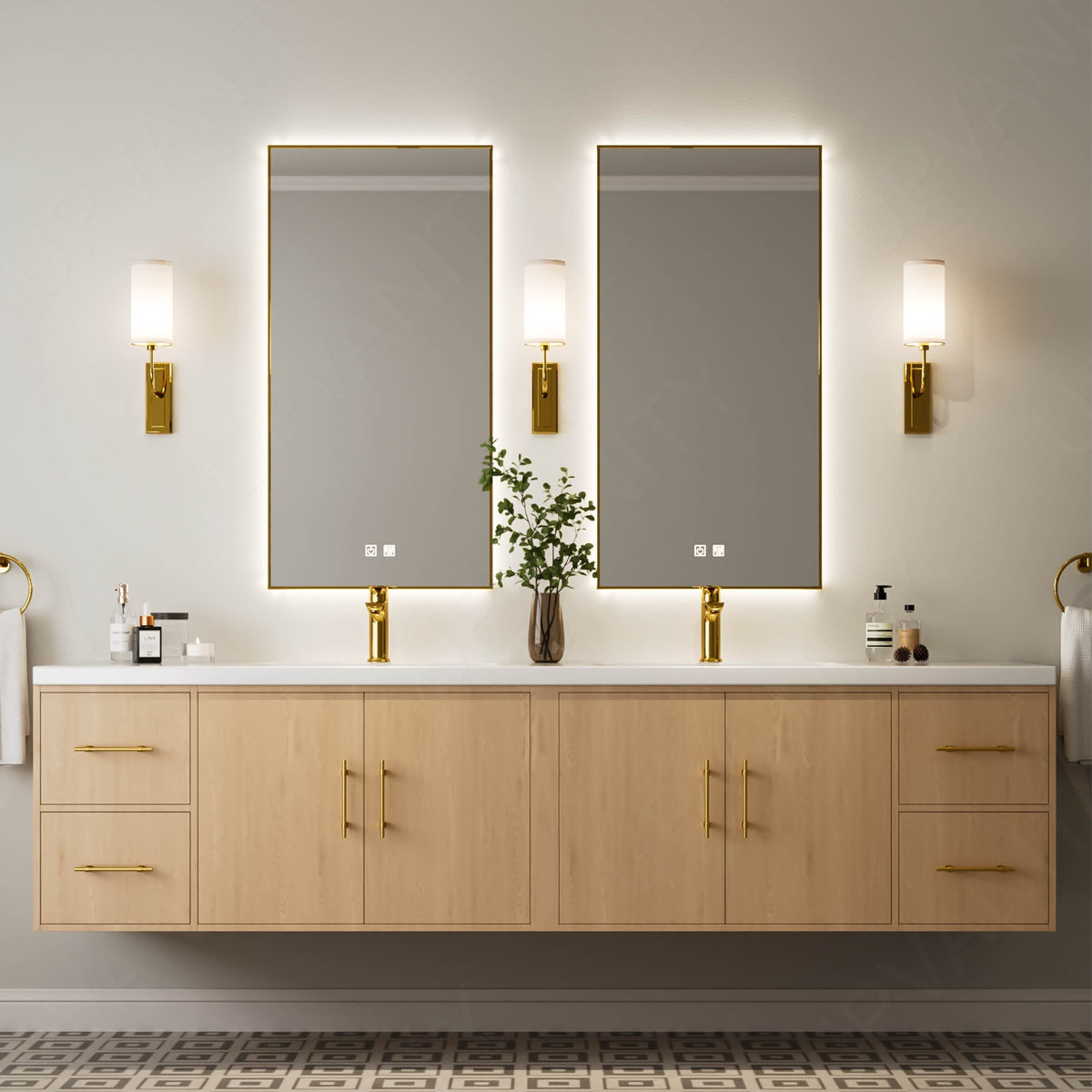 Modern Bath Vanity Set, Natural, White Slate Top, Spacious Storage, 72"-104", Double, Floating, Gold Accents, Dual Smart LED Mirror