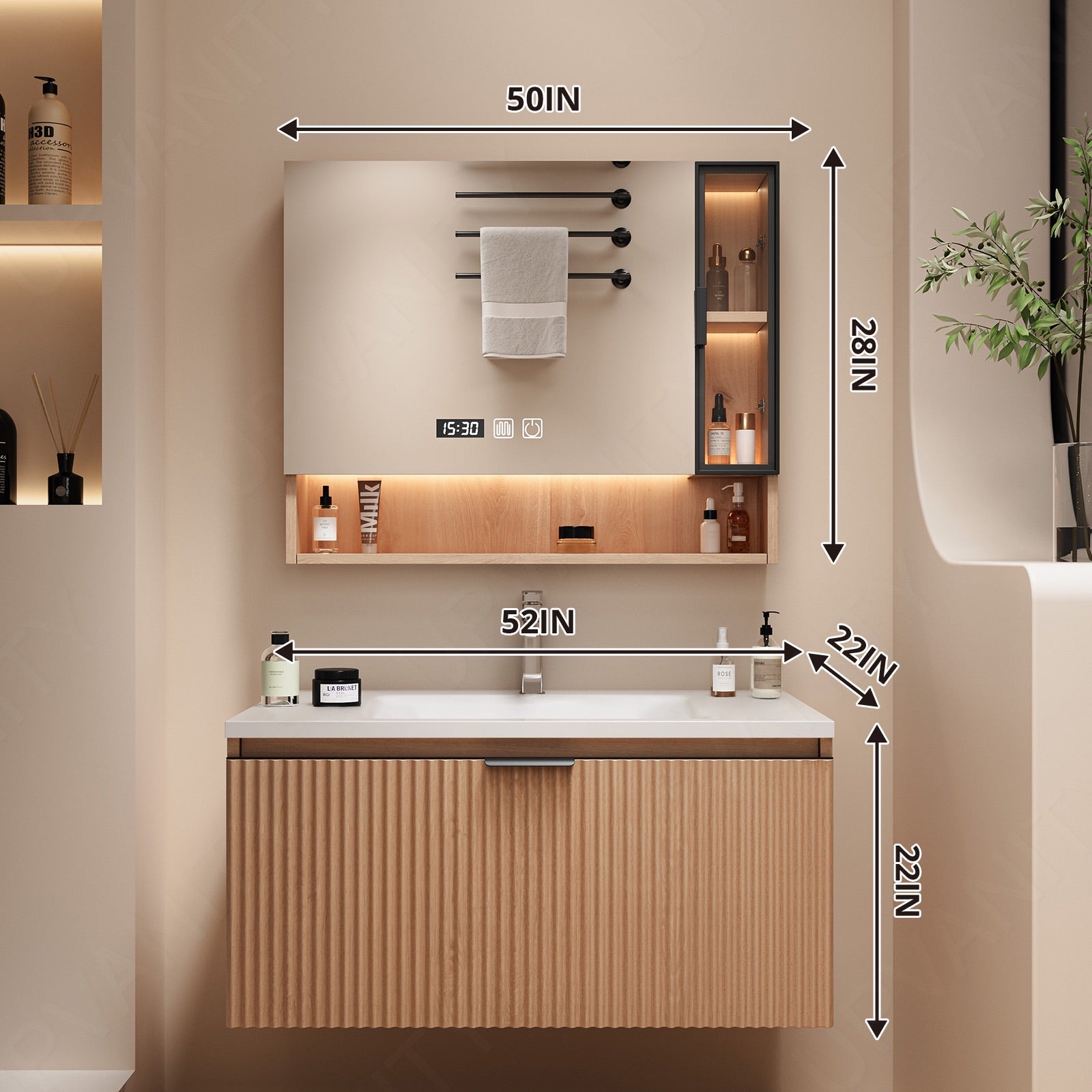 Modern Bath Vanity Set, Natural, White Slate Top, Striped Panel, 36"-60", Single, Floating, Smart LED Mirror, Rear Cabinet