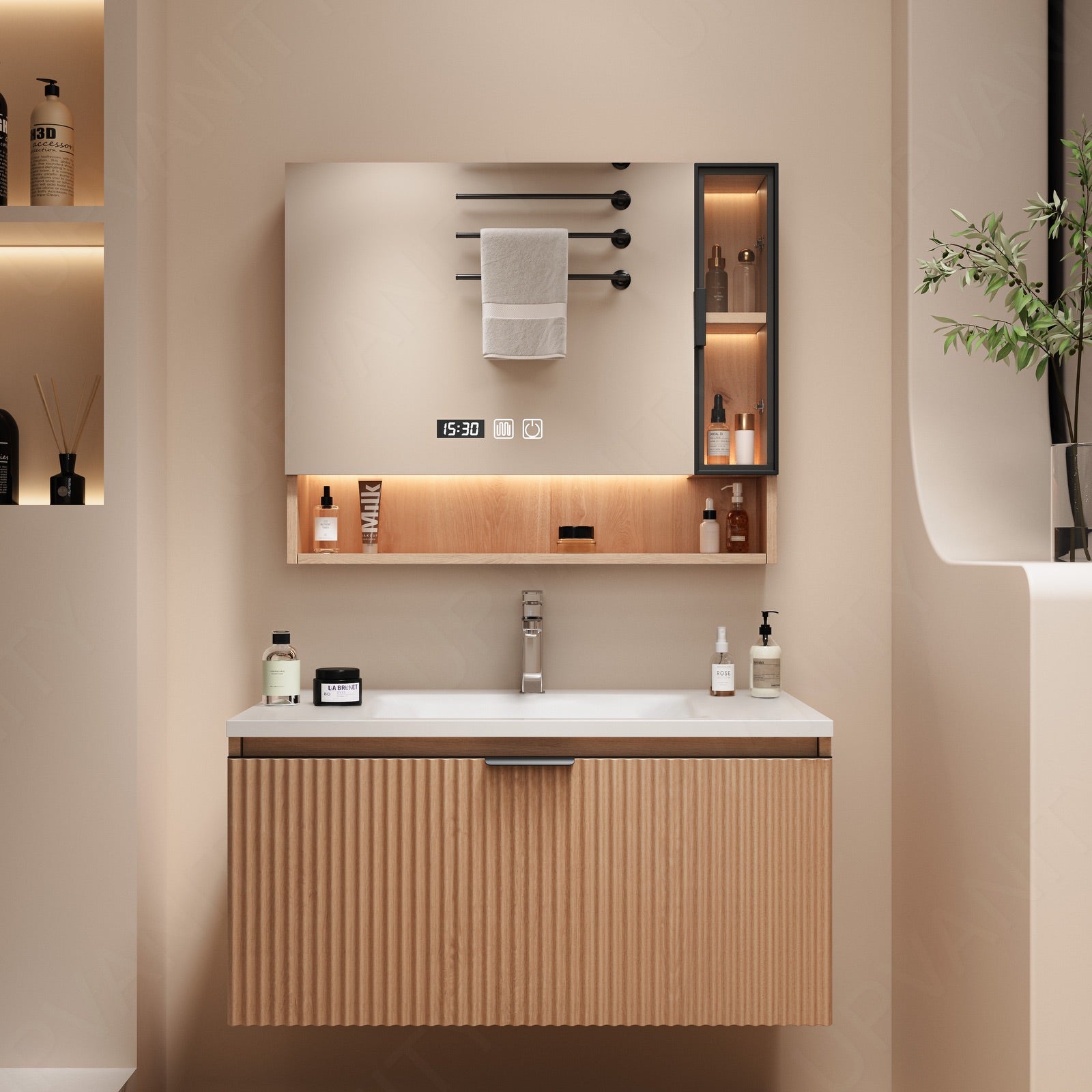Modern Bath Vanity Set, Natural, White Slate Top, Striped Panel, 36"-60", Single, Floating, Smart LED Mirror, Rear Cabinet