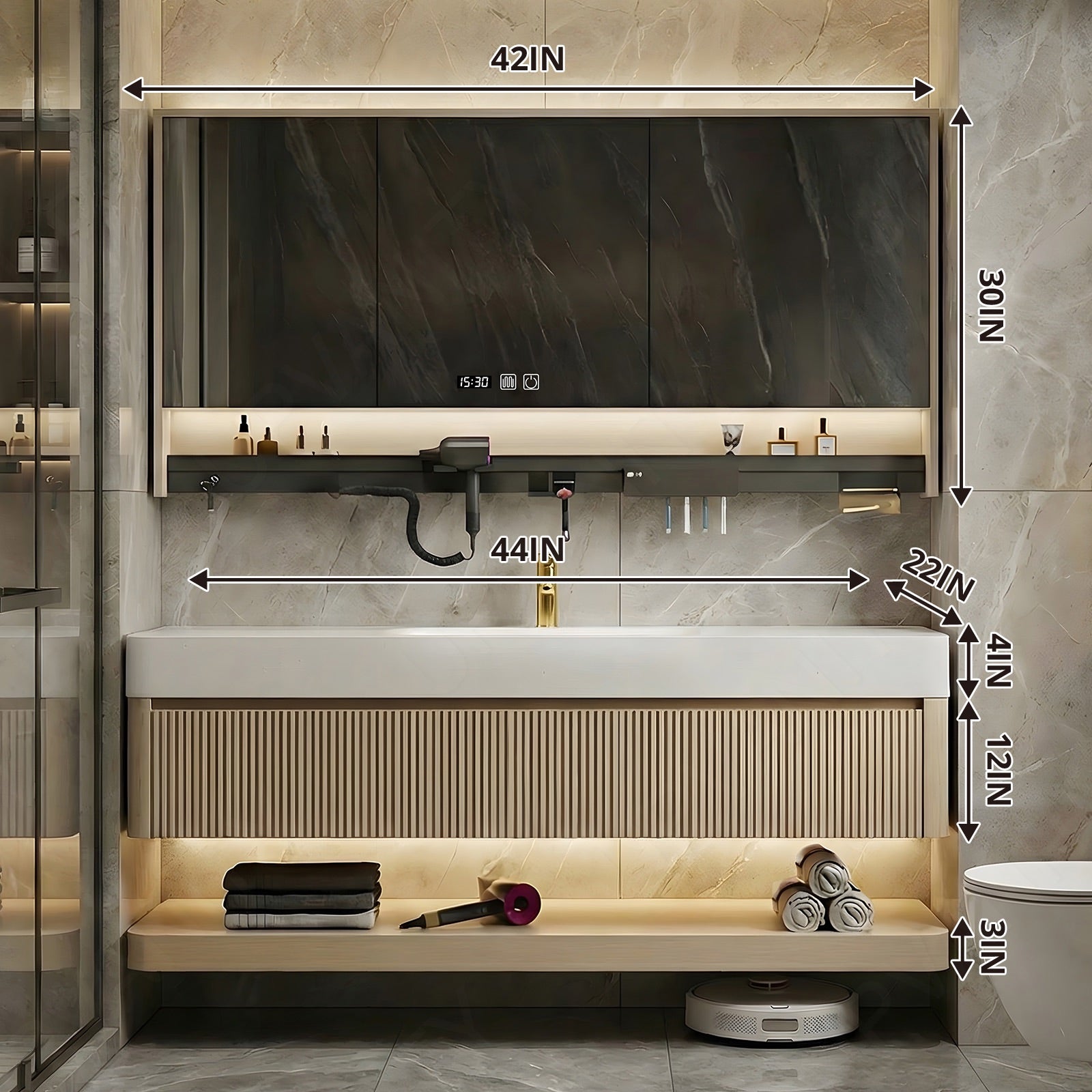 Modern Bath Vanity Set, Natural, White Slate Top, Striped Panels, 36"- 78", Double, Floating, Smart LED Mirror, Rear Cabinet, Storage Rack