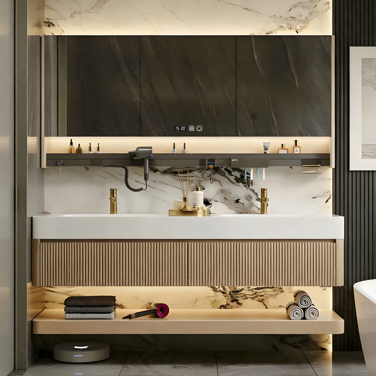 Modern Bath Vanity Set, Natural, White Slate Top, Striped Panels, 36"- 78", Double, Floating, Smart LED Mirror, Rear Cabinet, Storage Rack