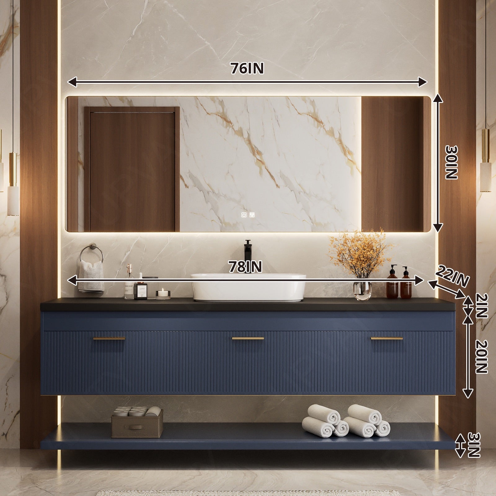 Modern Bath Vanity Set, Navy, Black Slate Top, 52"-78", Single Vessel Sink, Floating, Fluted Panel, Open Storage, Smart LED Mirror