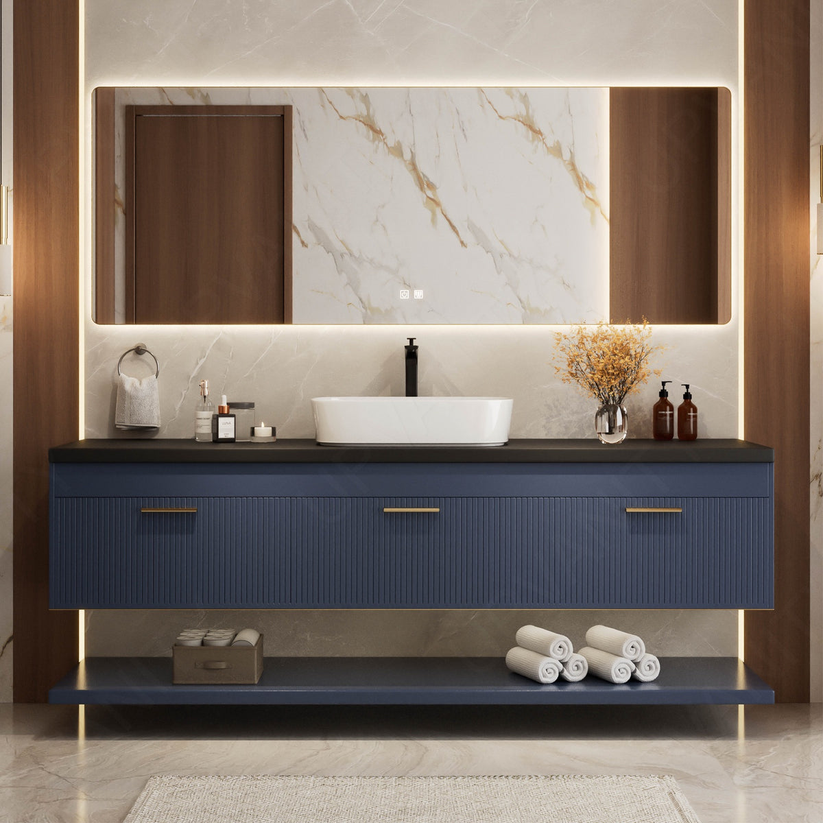 Modern Bath Vanity Set, Navy, Black Slate Top, 52"-78", Single Vessel Sink, Floating, Fluted Panel, Open Storage, Smart LED Mirror