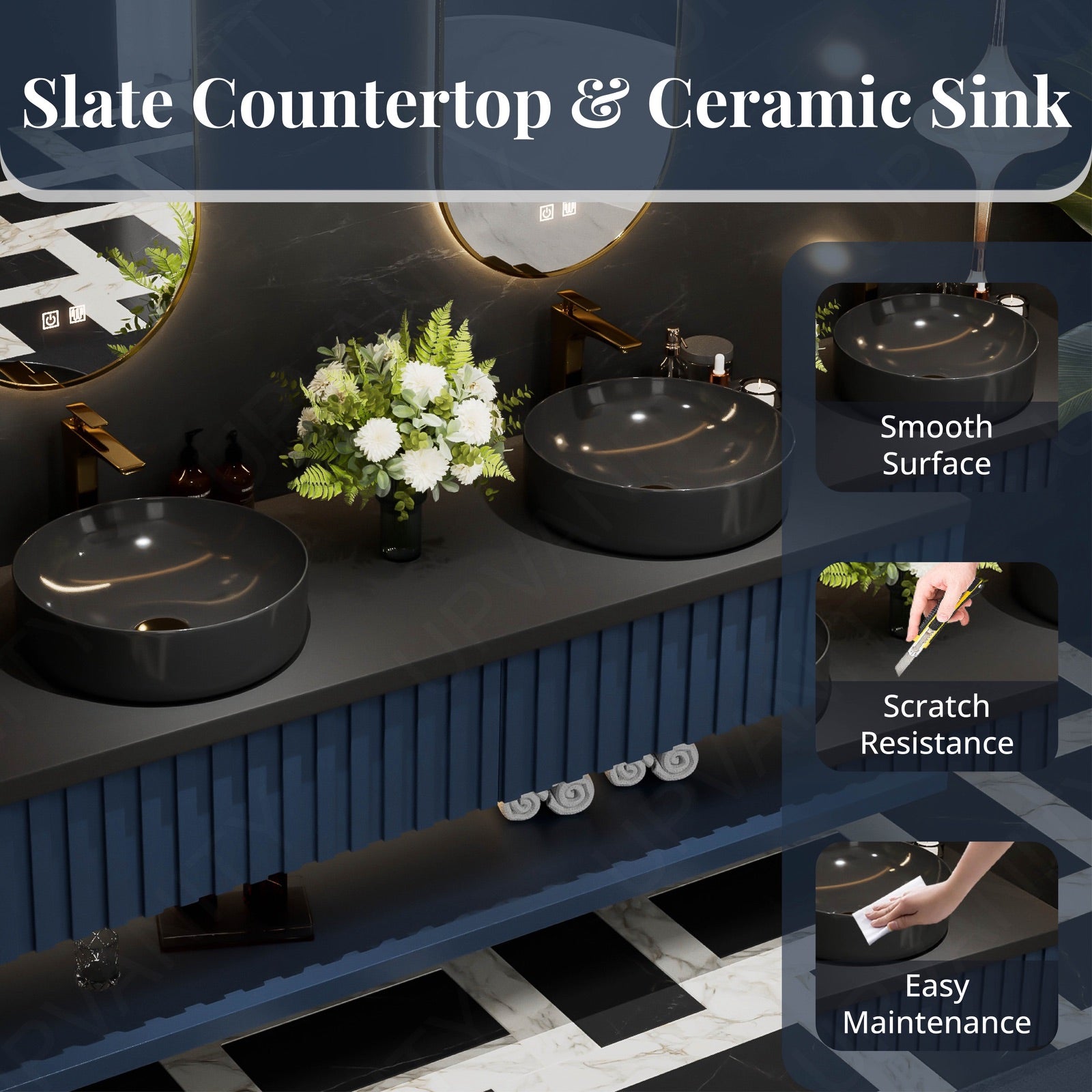 Modern Bath Vanity Set, Navy, Black Slate Top, 56"-78", Double Vessel Sink, Floating, Fluted Panel, Dual Smart LED Mirror