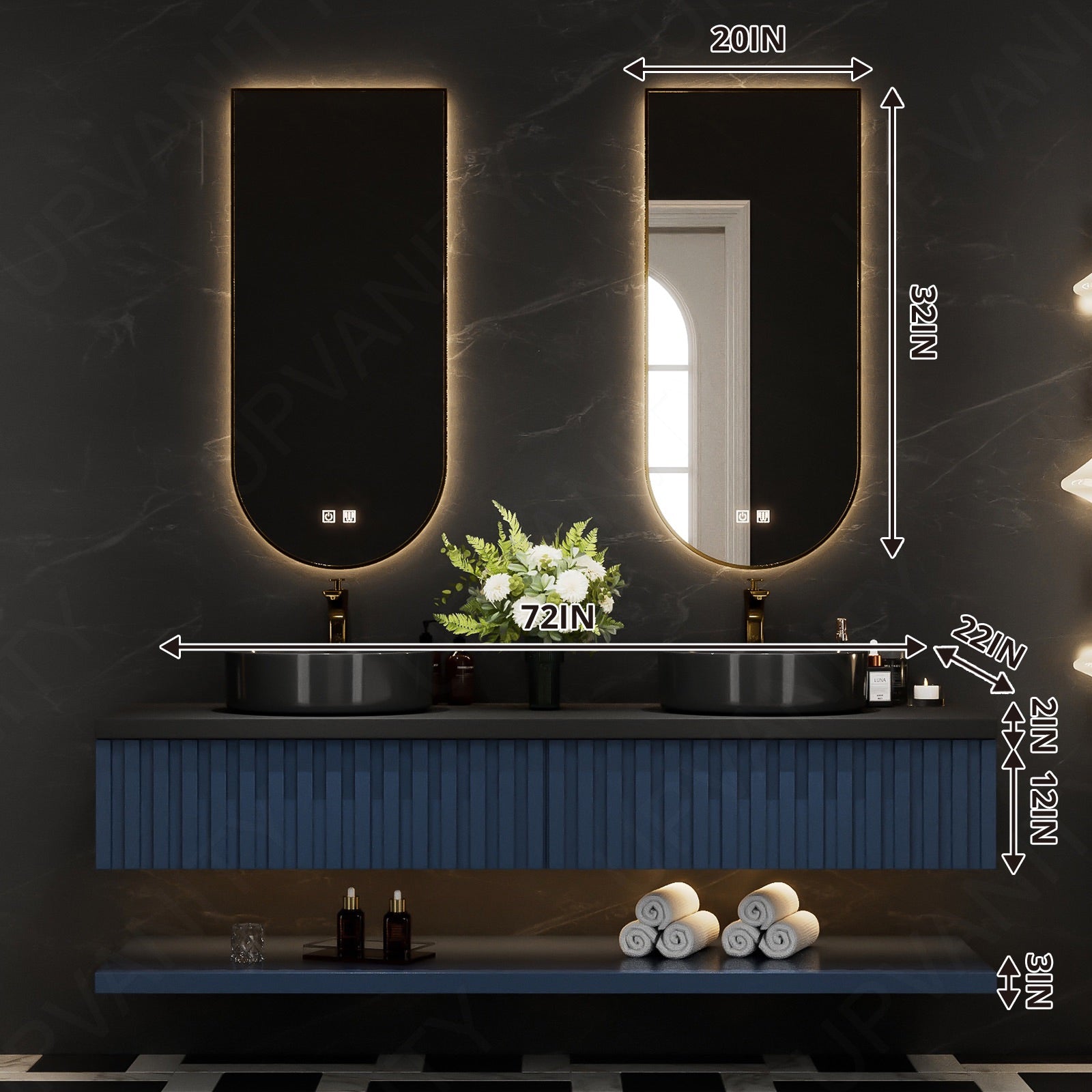 Modern Bath Vanity Set, Navy, Black Slate Top, 56"-78", Double Vessel Sink, Floating, Fluted Panel, Dual Smart LED Mirror