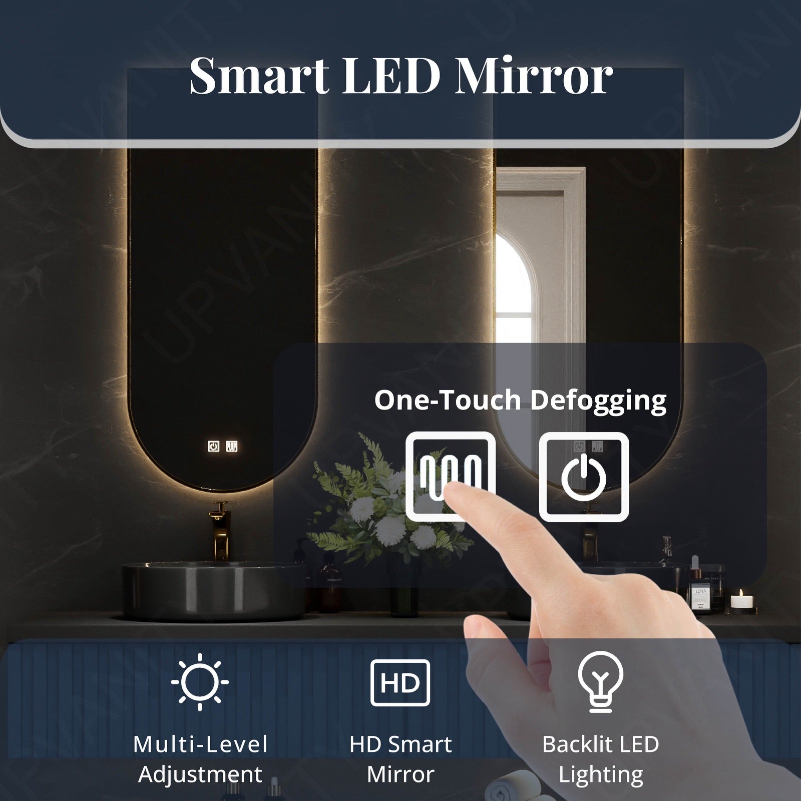 Modern Bath Vanity Set, Navy, Black Slate Top, 56"-78", Double Vessel Sink, Floating, Fluted Panel, Dual Smart LED Mirror