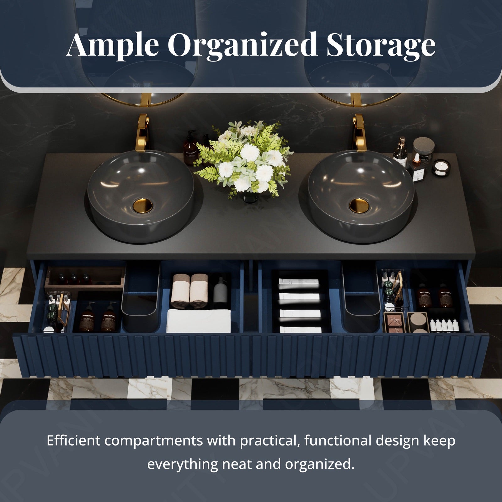 Modern Bath Vanity Set, Navy, Black Slate Top, 56"-78", Double Vessel Sink, Floating, Fluted Panel, Dual Smart LED Mirror