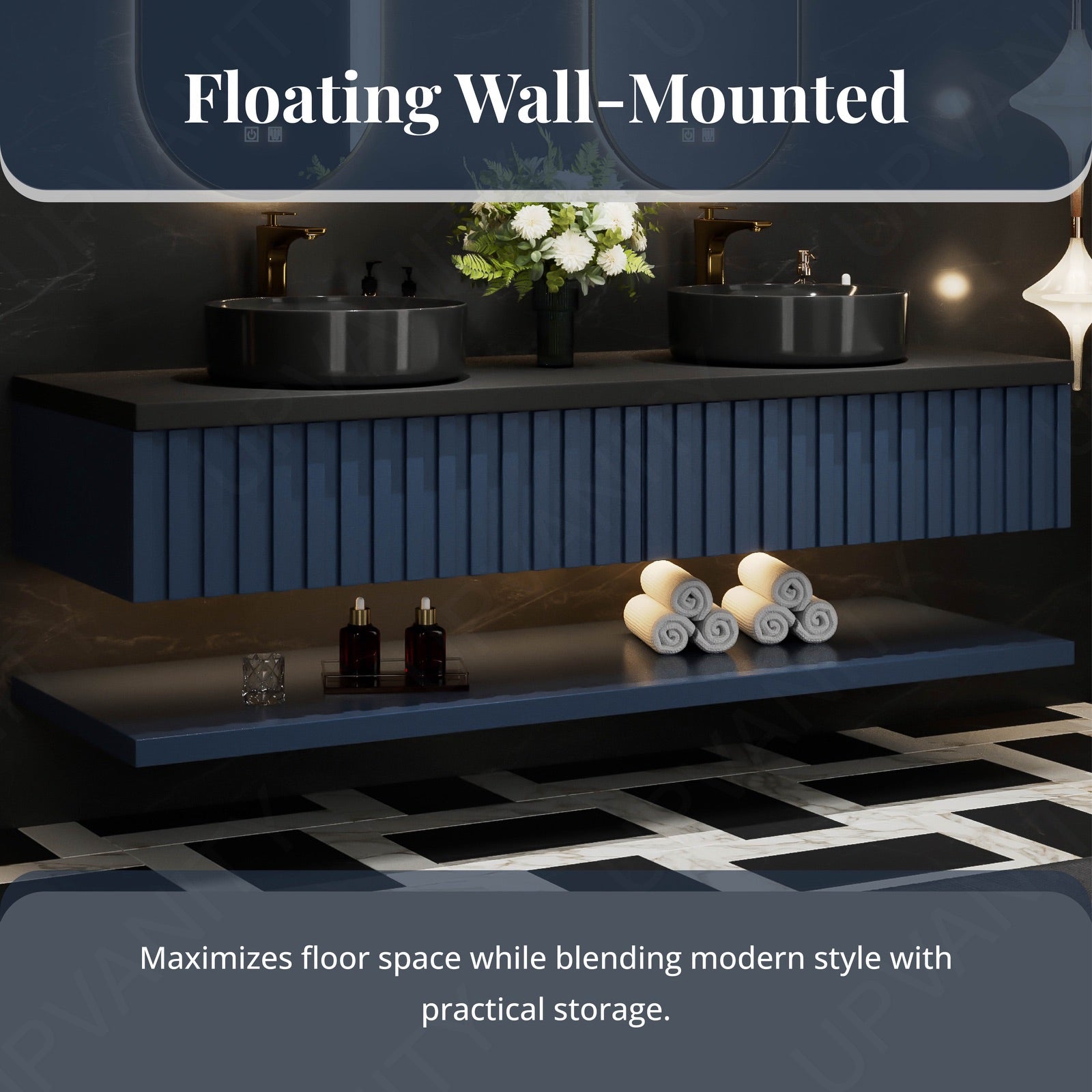 Modern Bath Vanity Set, Navy, Black Slate Top, 56"-78", Double Vessel Sink, Floating, Fluted Panel, Dual Smart LED Mirror