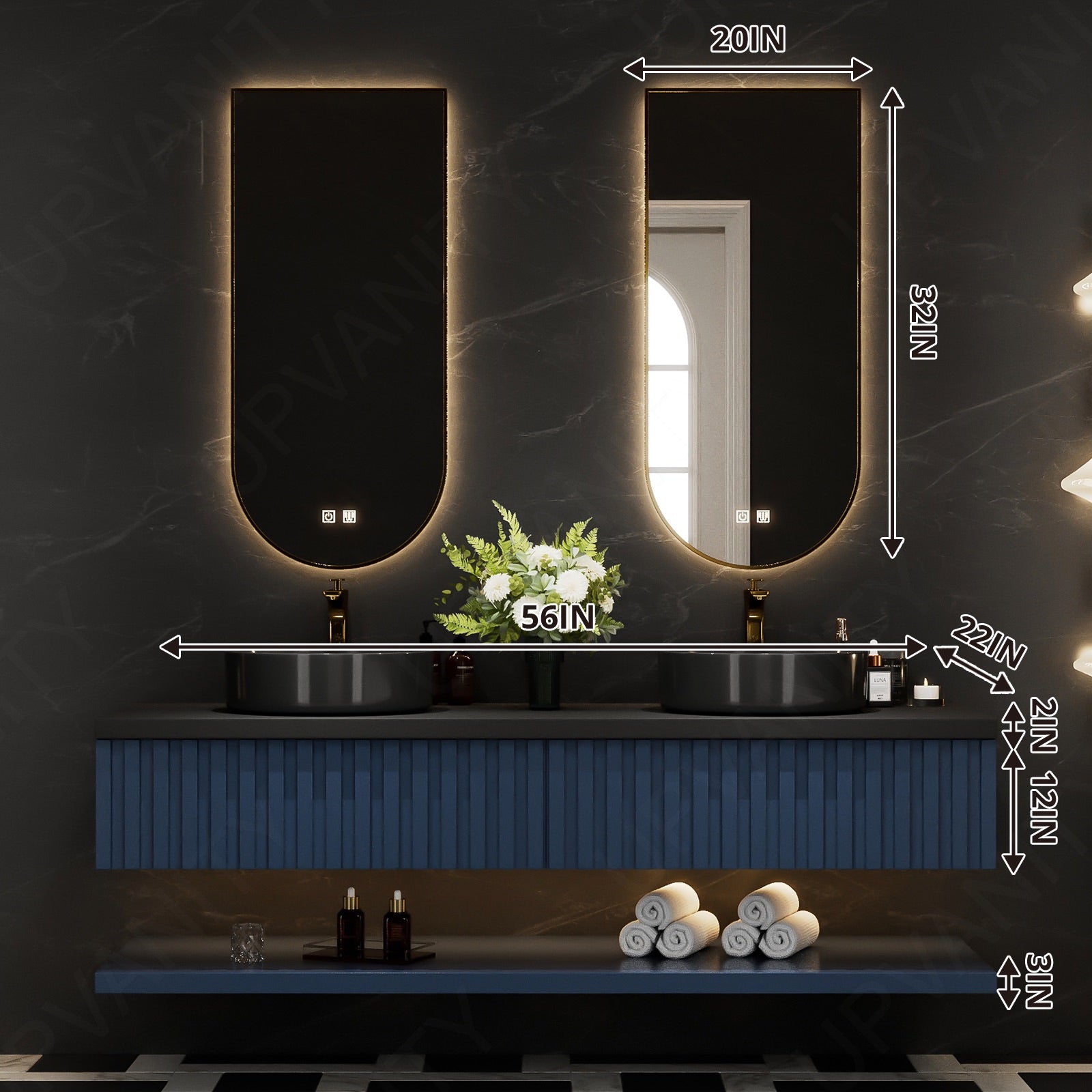 Modern Bath Vanity Set, Navy, Black Slate Top, 56"-78", Double Vessel Sink, Floating, Fluted Panel, Dual Smart LED Mirror