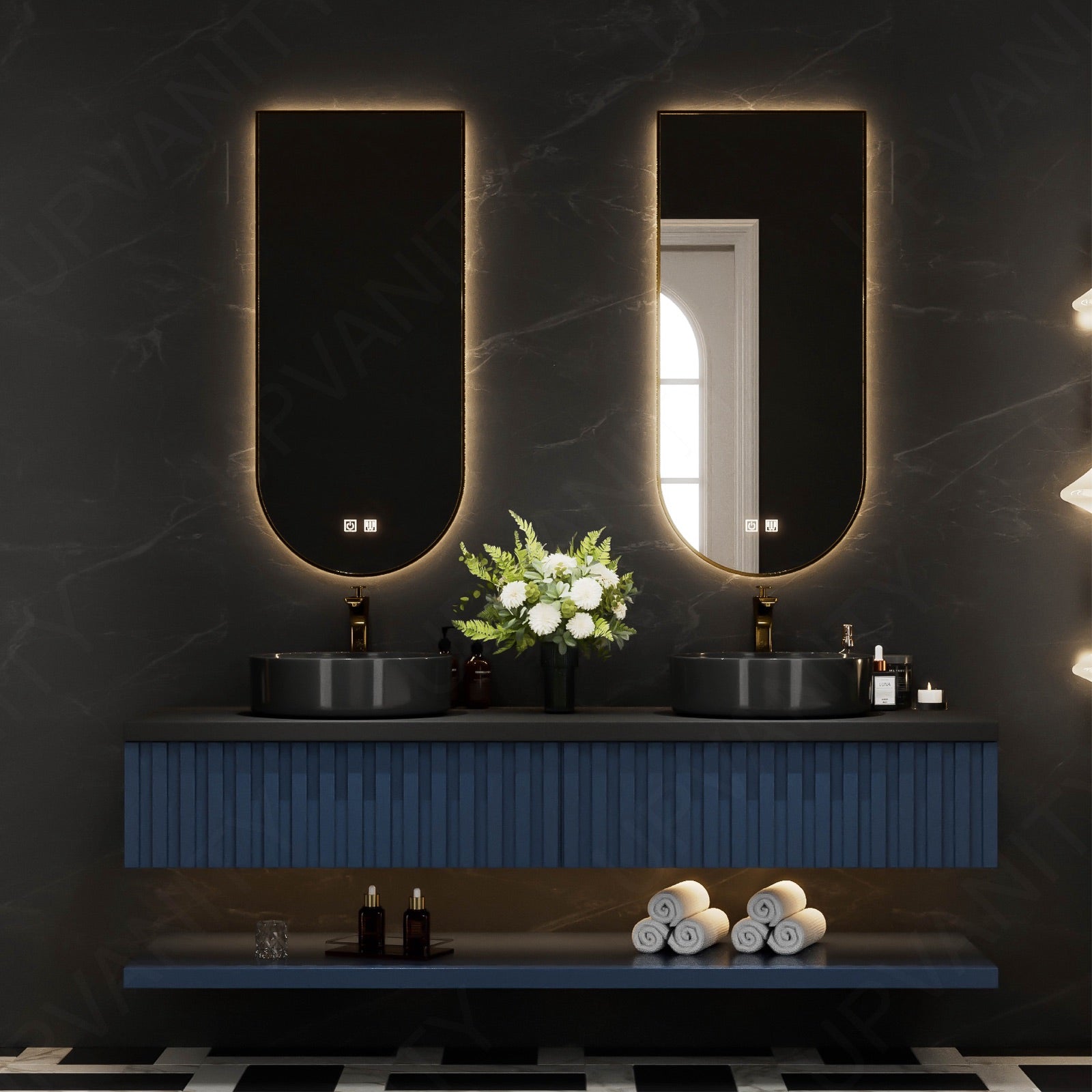 Modern Bath Vanity Set, Navy, Black Slate Top, 56"-78", Double Vessel Sink, Floating, Fluted Panel, Dual Smart LED Mirror