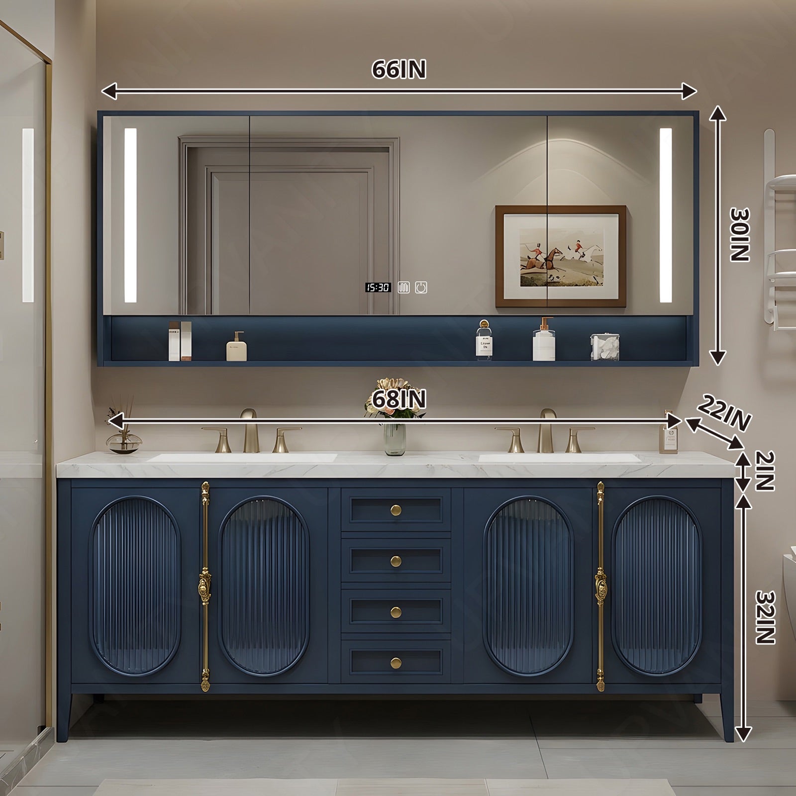 Modern Bath Vanity Set, Navy, Gold Accents, 36"- 78", Double/Single, Freestanding, Glass Door, Smart LED Mirror, Rear Cabinet