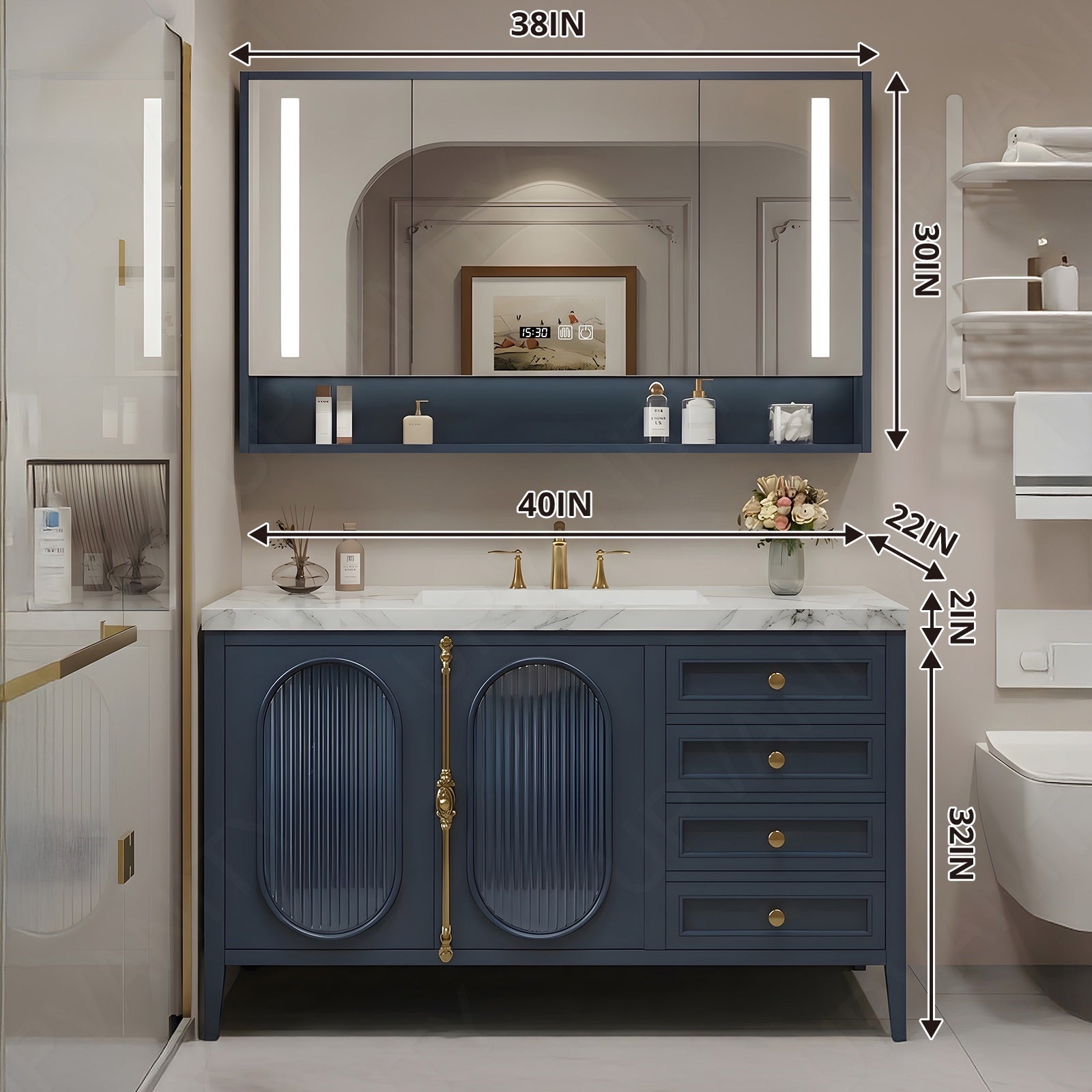 Modern Bath Vanity Set, Navy, Gold Accents, 36"- 78", Double/Single, Freestanding, Glass Door, Smart LED Mirror, Rear Cabinet
