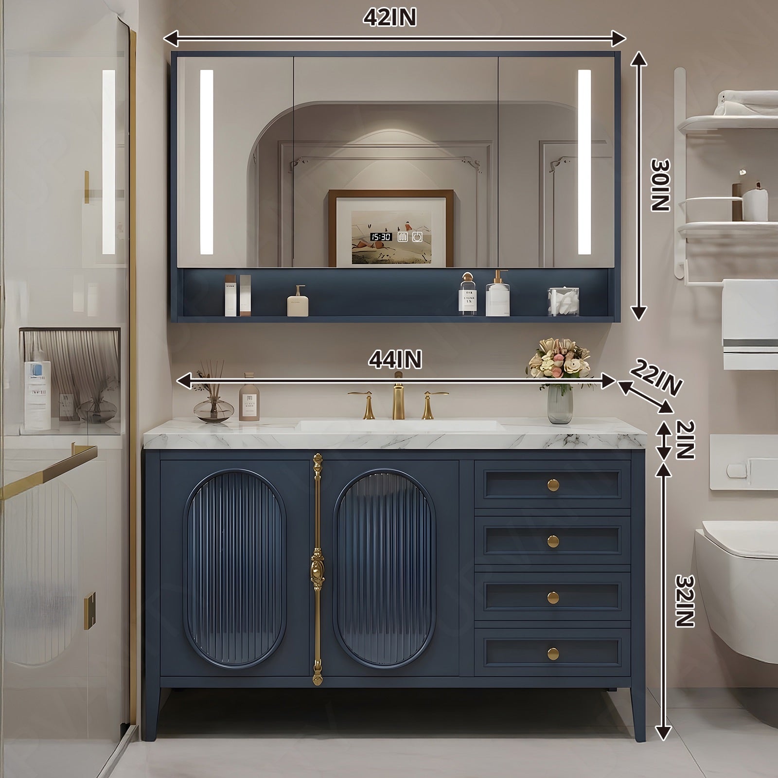 Modern Bath Vanity Set, Navy, Gold Accents, 36"- 78", Double/Single, Freestanding, Glass Door, Smart LED Mirror, Rear Cabinet