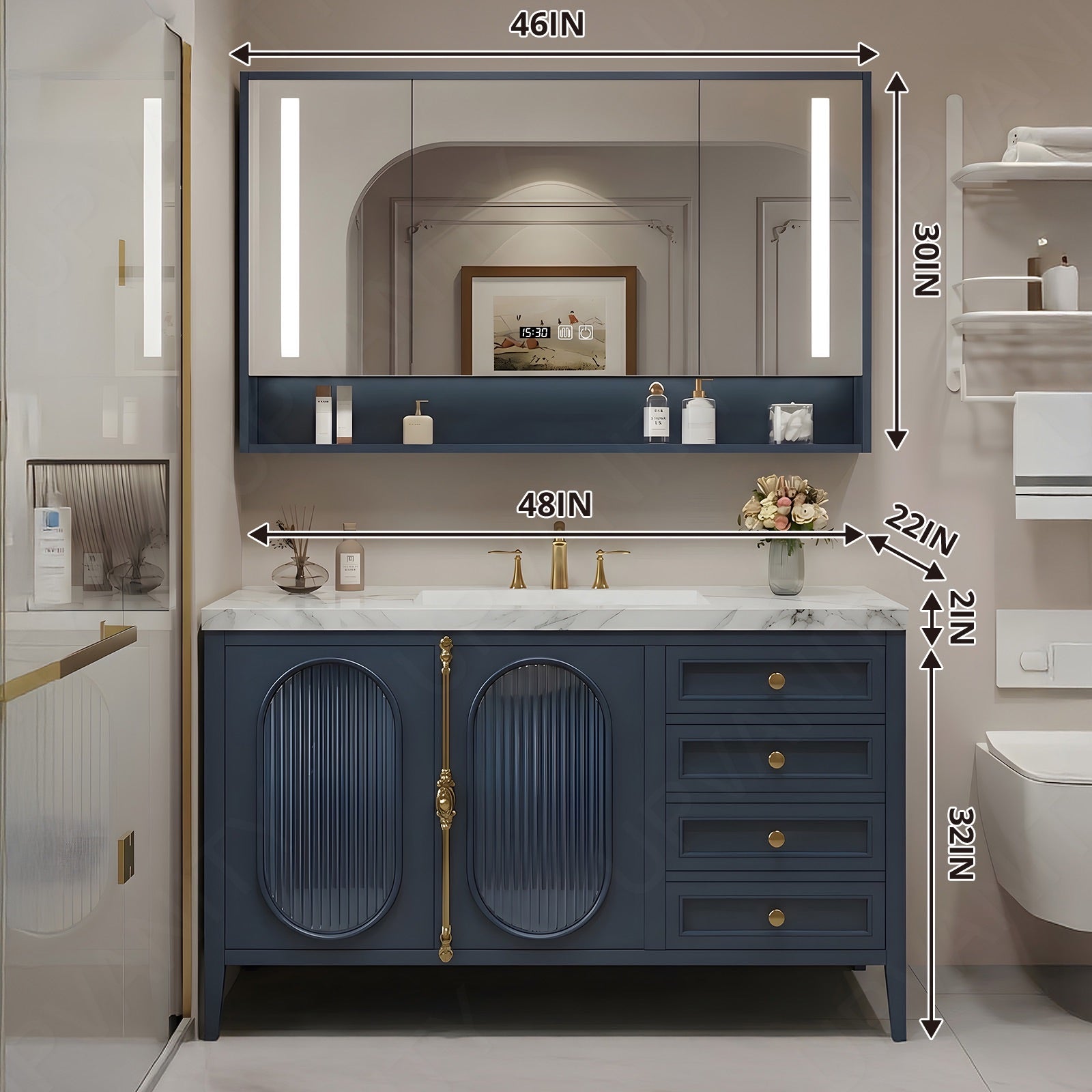 Modern Bath Vanity Set, Navy, Gold Accents, 36"- 78", Double/Single, Freestanding, Glass Door, Smart LED Mirror, Rear Cabinet