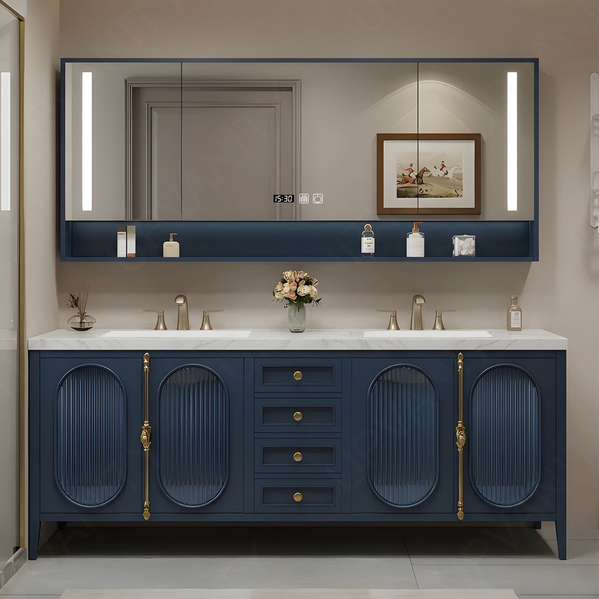 Modern Bath Vanity Set, Navy, Gold Accents, 36"- 78", Double/Single, Freestanding, Glass Door, Smart LED Mirror, Rear Cabinet