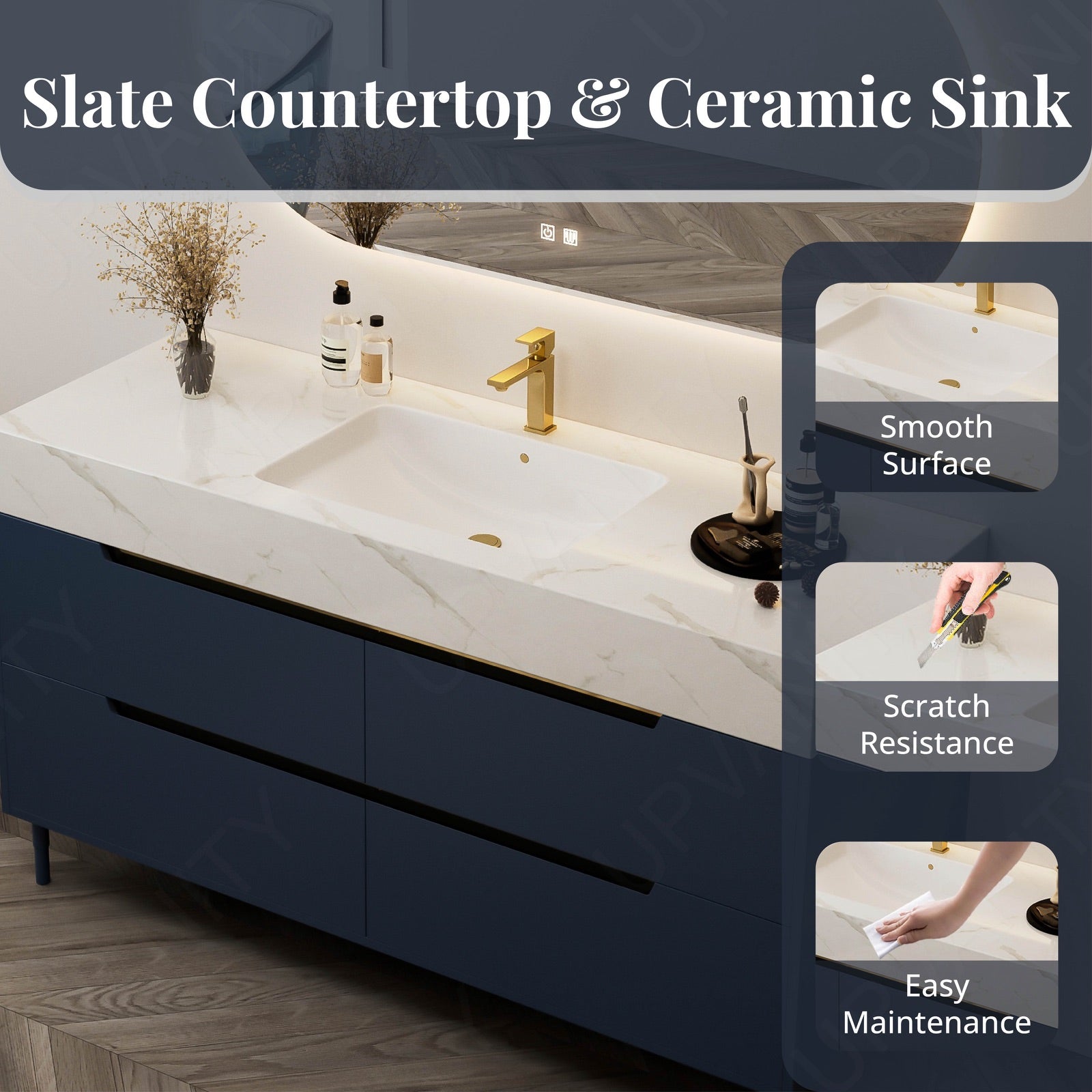 Modern Bath Vanity Set, Navy, Marble Textured Top, 44"-64", Single, Freestanding, Gold Accents, Smart LED Mirror