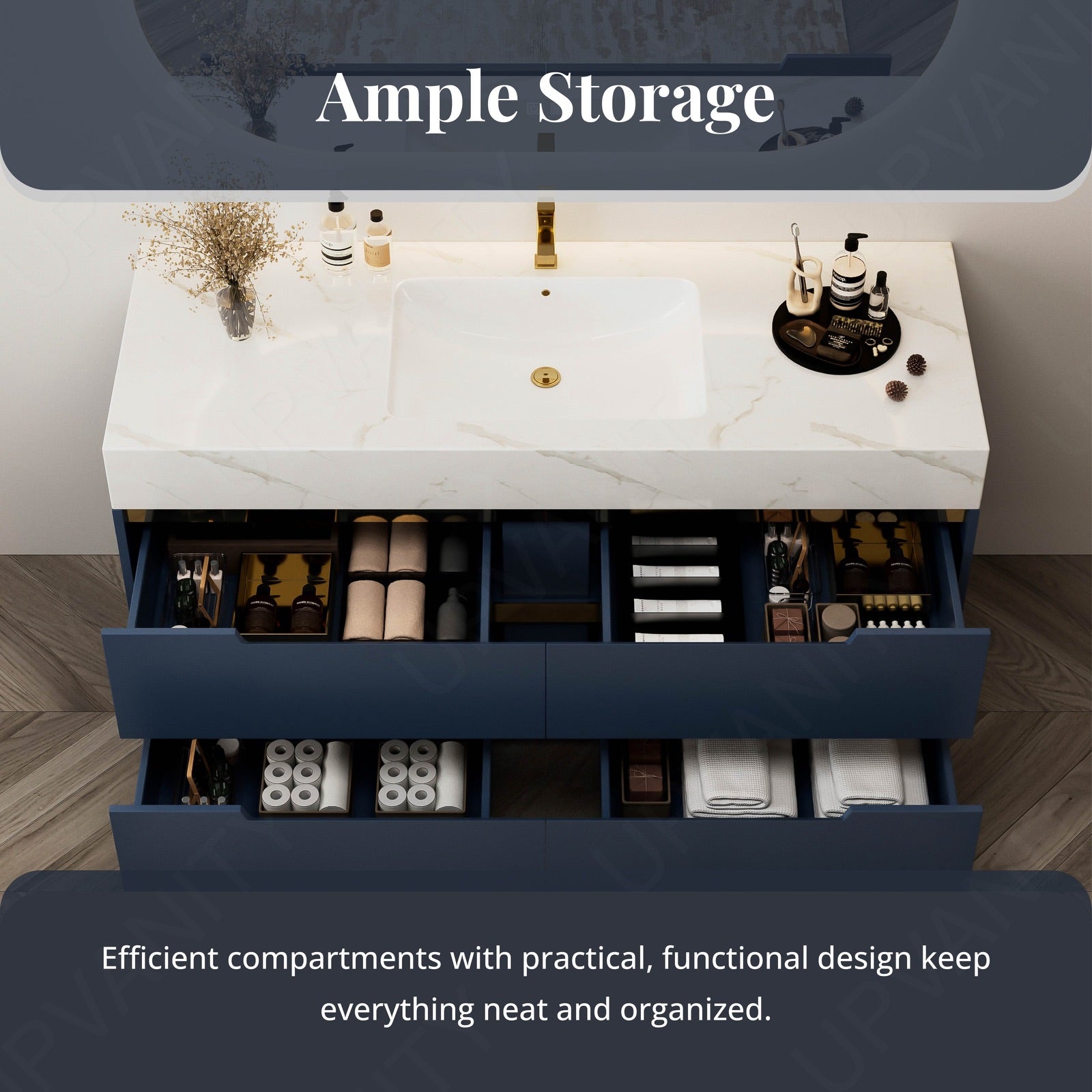 Modern Bath Vanity Set, Navy, Marble Textured Top, 44"-64", Single, Freestanding, Gold Accents, Smart LED Mirror