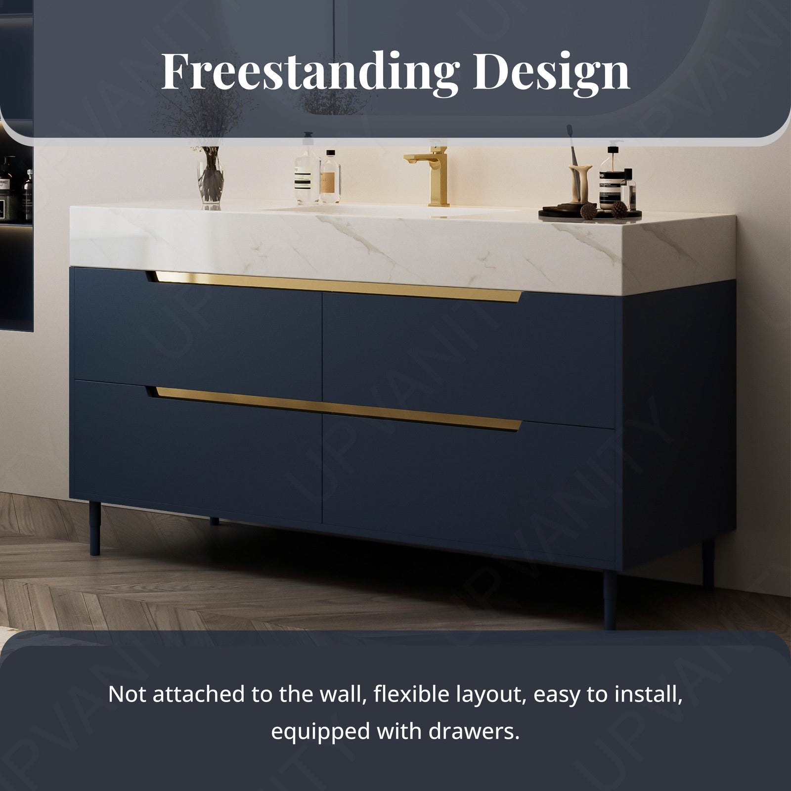 Modern Bath Vanity Set, Navy, Marble Textured Top, 44"-64", Single, Freestanding, Gold Accents, Smart LED Mirror