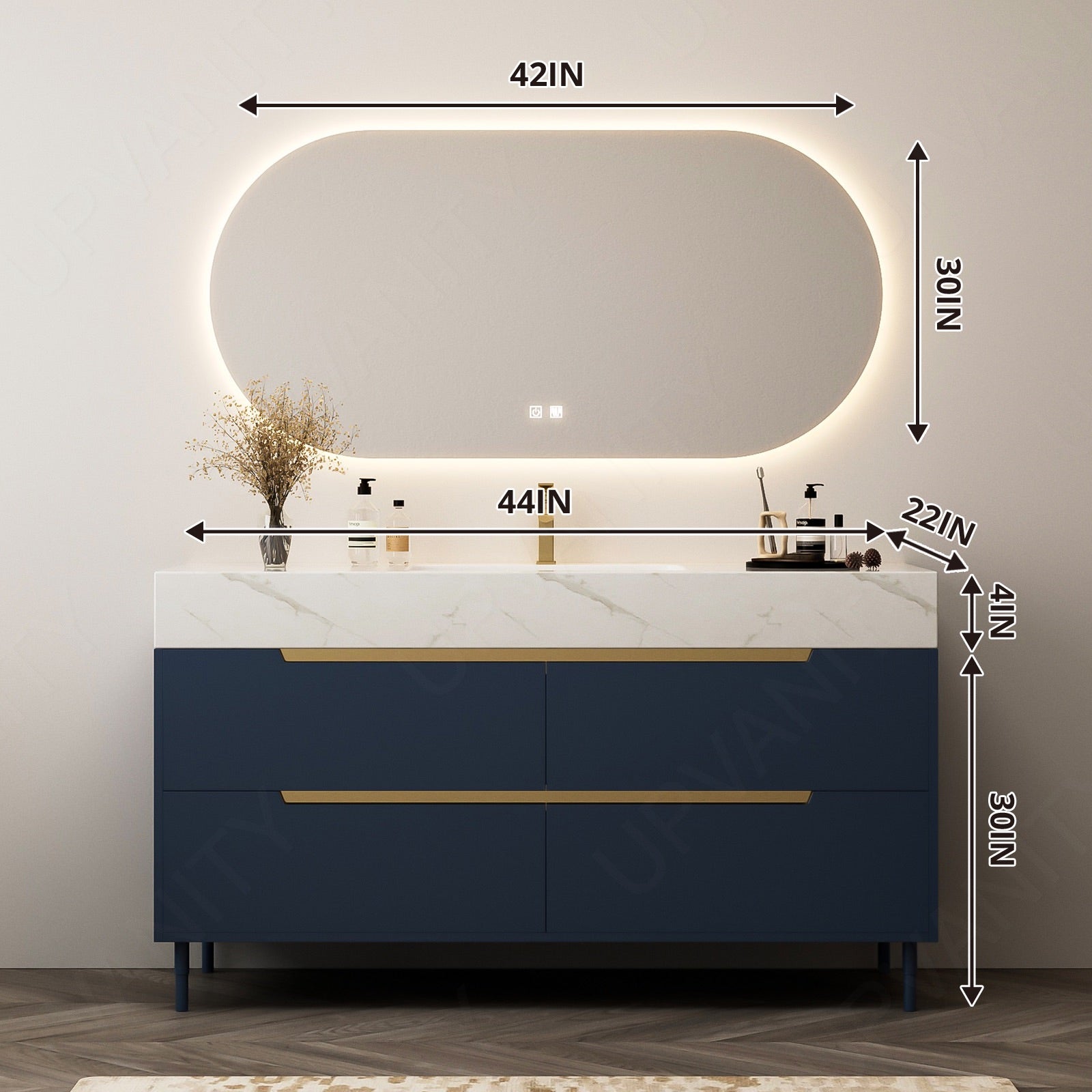 Modern Bath Vanity Set, Navy, Marble Textured Top, 44"-64", Single, Freestanding, Gold Accents, Smart LED Mirror