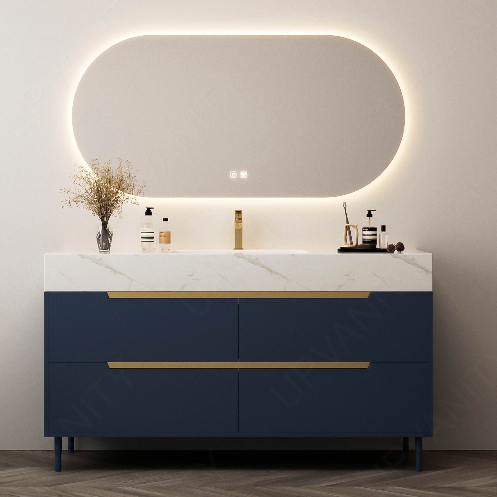 Modern Bath Vanity Set, Navy, Marble Textured Top, 44"-64", Single, Freestanding, Gold Accents, Smart LED Mirror