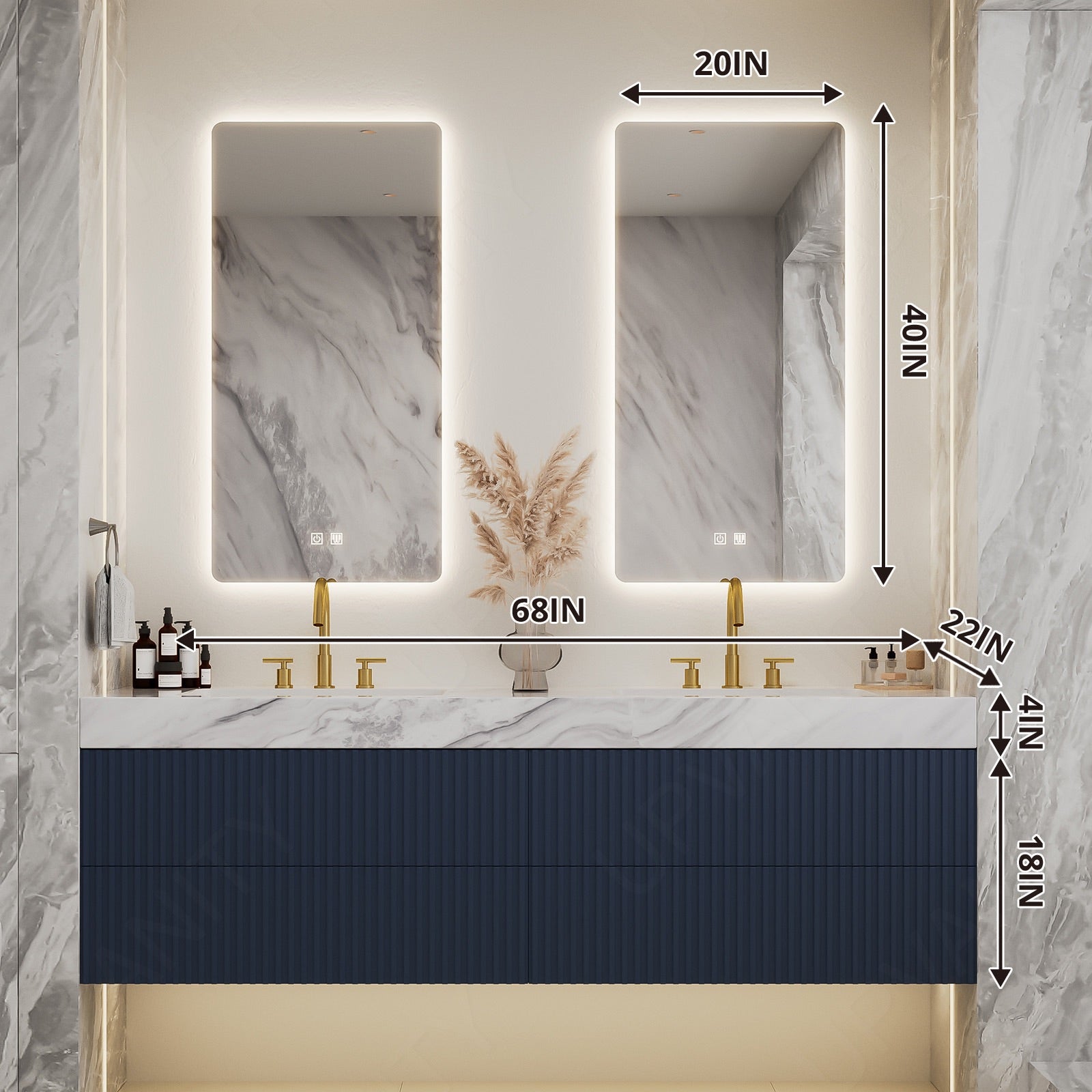 Modern Bath Vanity Set, Navy, Marble Textured Top, 56"-78", Double, Floating, Fluted Panel, Spacious Storage, Dual Smart LED Mirror