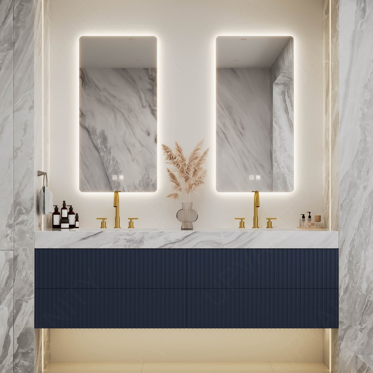 Modern Bath Vanity Set, Navy, Marble Textured Top, 56"-78", Double, Floating, Fluted Panel, Spacious Storage, Dual Smart LED Mirror