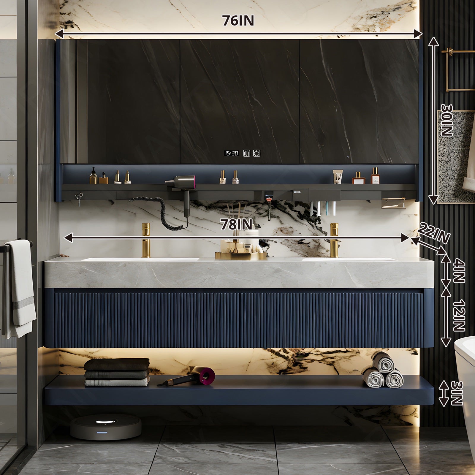 Modern Bath Vanity Set, Navy, Marble Textured Top, Striped Panels, 36"- 78", Double, Floating, Smart LED Mirror, Rear Cabinet, Storage Rack